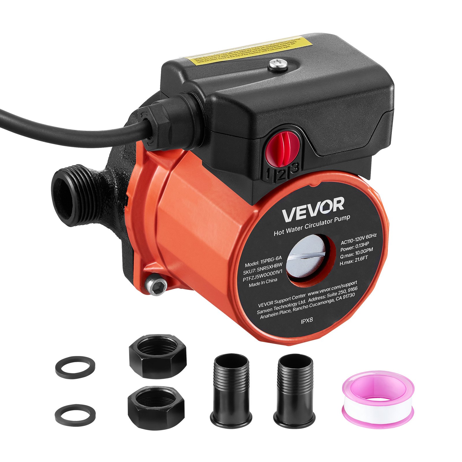VEVOR Bomba de Circulación de Agua Caliente, 38 LPM, Sistema de Recirculación Instantánea, 3 Velocidades con Caudales de 2,13/1,69/1,21 m³/h, 100 W, Cabezal de Hierro Fundido, Naranja y Negro