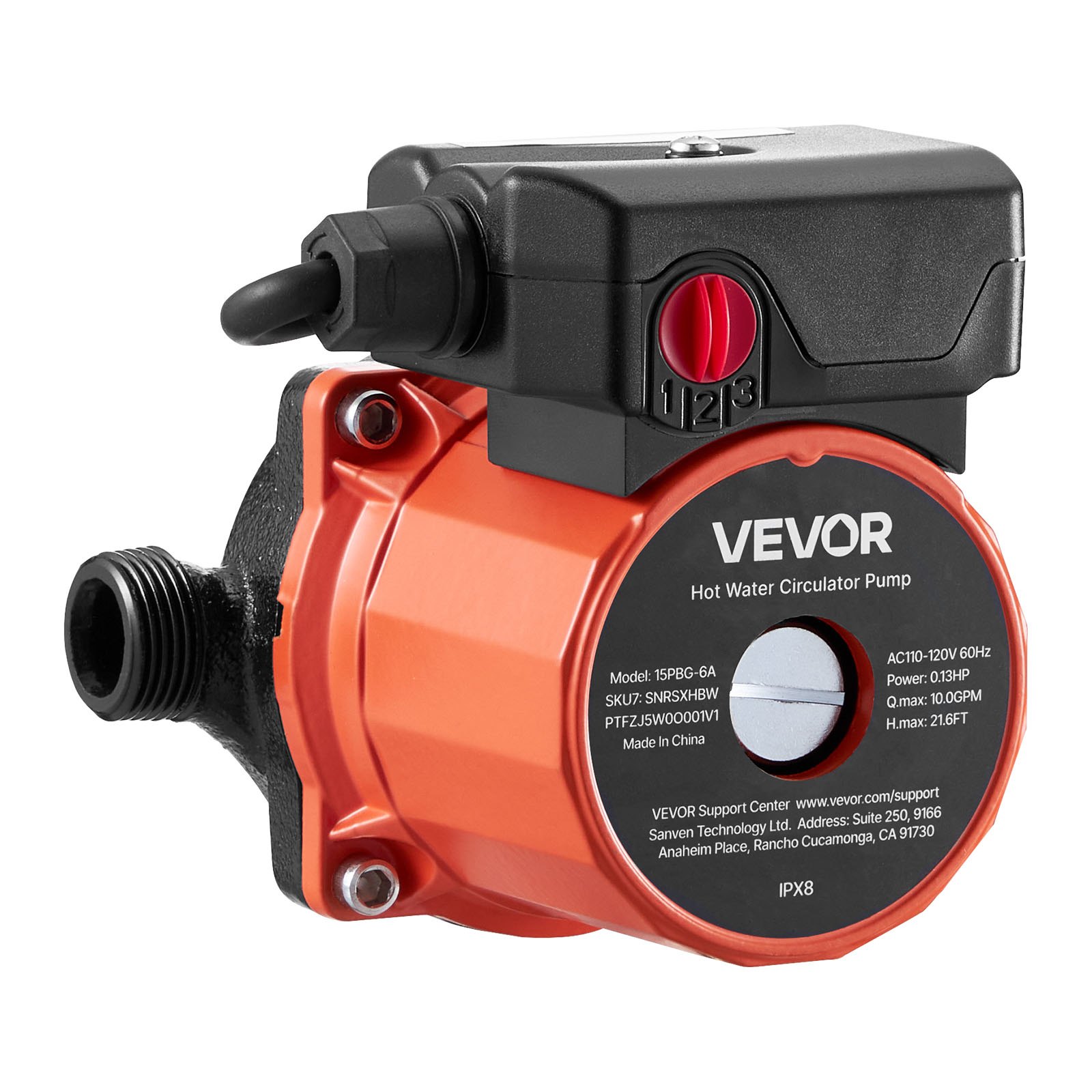 VEVOR Bomba de Circulación de Agua Caliente, 38 LPM, Sistema de Recirculación Instantánea, 3 Velocidades con Caudales de 2,13/1,69/1,21 m³/h, 100 W, Cabezal de Hierro Fundido, Naranja y Negro