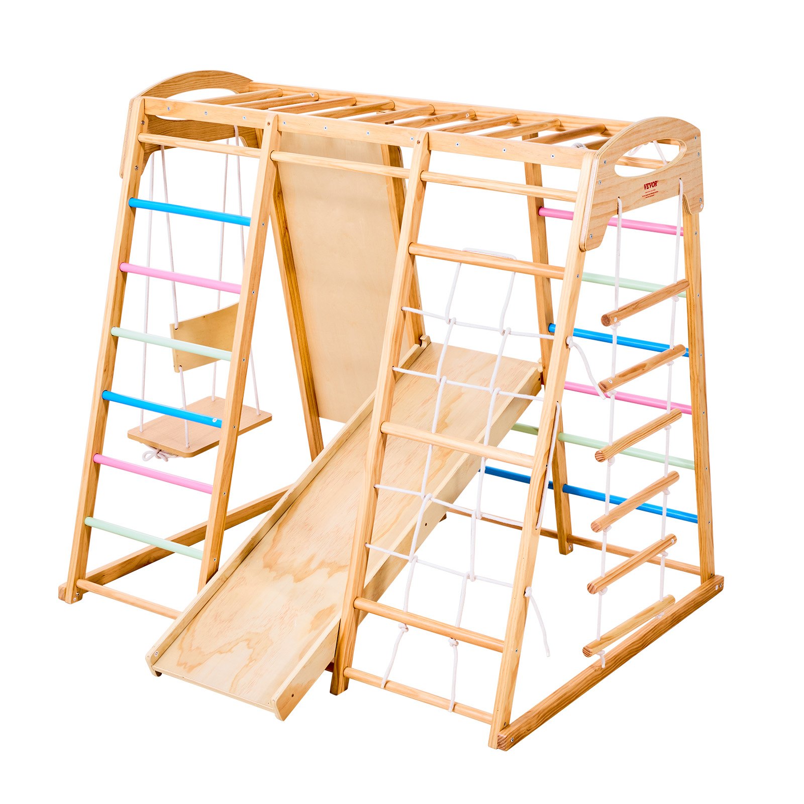 VEVOR 7 en 1 Parque Infantil de Madera para Interior, Carga de 113 kg Juego de Escalada Montessori con Columpio, Barra de Mono, Tobogán, Escalera de Madera/Cuerda, Red de Escalada y Roca, Colorido