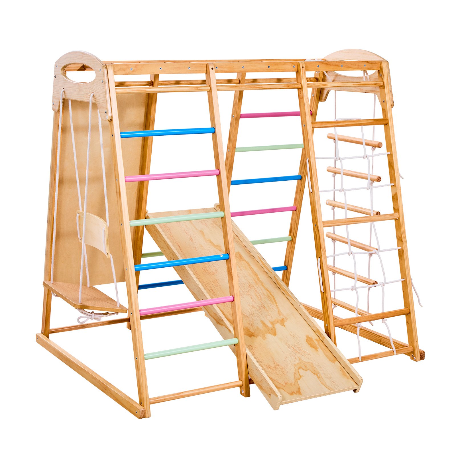 VEVOR 7 en 1 Parque Infantil de Madera para Interior, Carga de 113 kg Juego de Escalada Montessori con Columpio, Barra de Mono, Tobogán, Escalera de Madera/Cuerda, Red de Escalada y Roca, Colorido