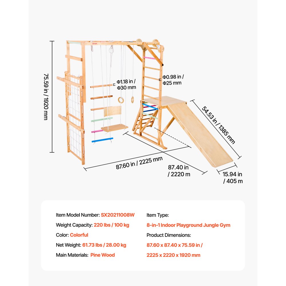 VEVOR 8 en 1 Parque Infantil de Madera para Interior, Carga de 100 kg Juego de Escalada Montessori con Columpio, Barra de Mono, Tobogán, Anillas, Escalera de Madera/Cuerda, Red, Roca, Colorido