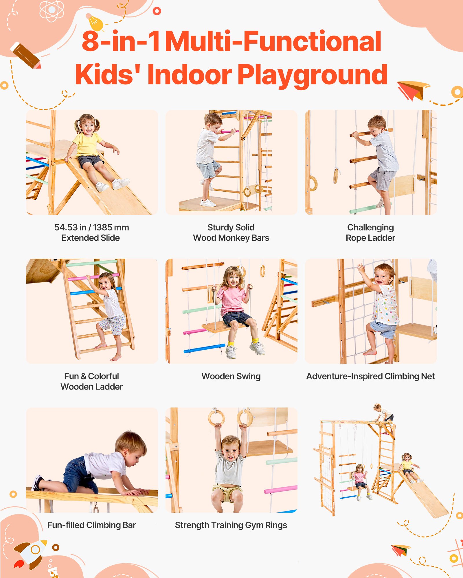 VEVOR 8 en 1 Parque Infantil de Madera para Interior, Carga de 100 kg Juego de Escalada Montessori con Columpio, Barra de Mono, Tobogán, Anillas, Escalera de Madera/Cuerda, Red, Roca, Colorido