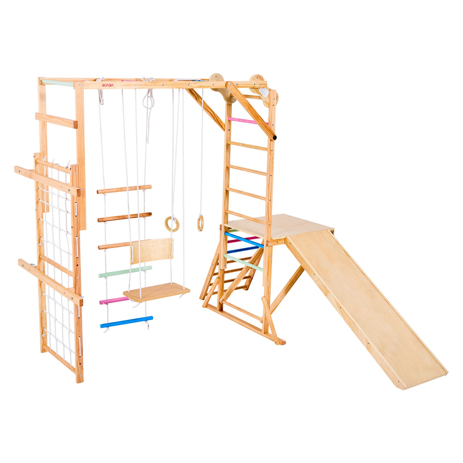 VEVOR 8 en 1 Parque Infantil de Madera para Interior, Carga de 100 kg Juego de Escalada Montessori con Columpio, Barra de Mono, Tobogán, Anillas, Escalera de Madera/Cuerda, Red, Roca, Colorido