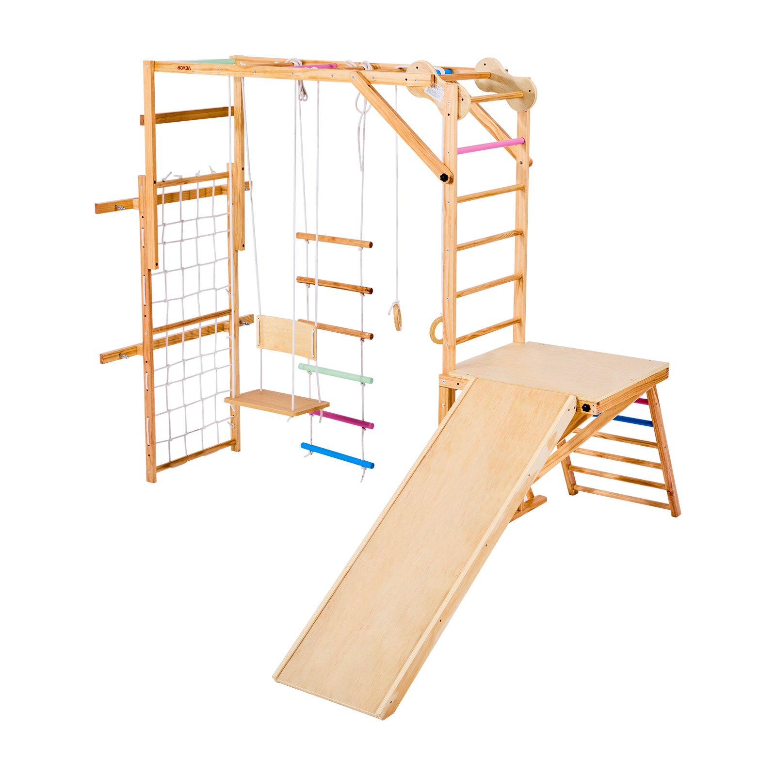VEVOR 8 en 1 Parque Infantil de Madera para Interior, Carga de 100 kg Juego de Escalada Montessori con Columpio, Barra de Mono, Tobogán, Anillas, Escalera de Madera/Cuerda, Red, Roca, Colorido