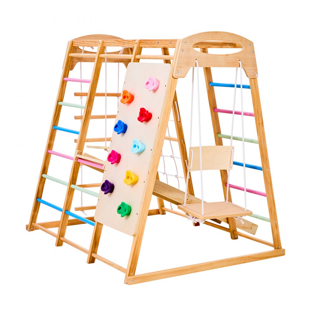 VEVOR 9 en 1 Parque Infantil de Madera para Interior, Carga 113 kg Juego de Escalada Montessori con Columpio, Barra de Mono, Tobogán, Escalera de Madera/Cuerda, Red de Escalada, Barra, Roca, Colorido