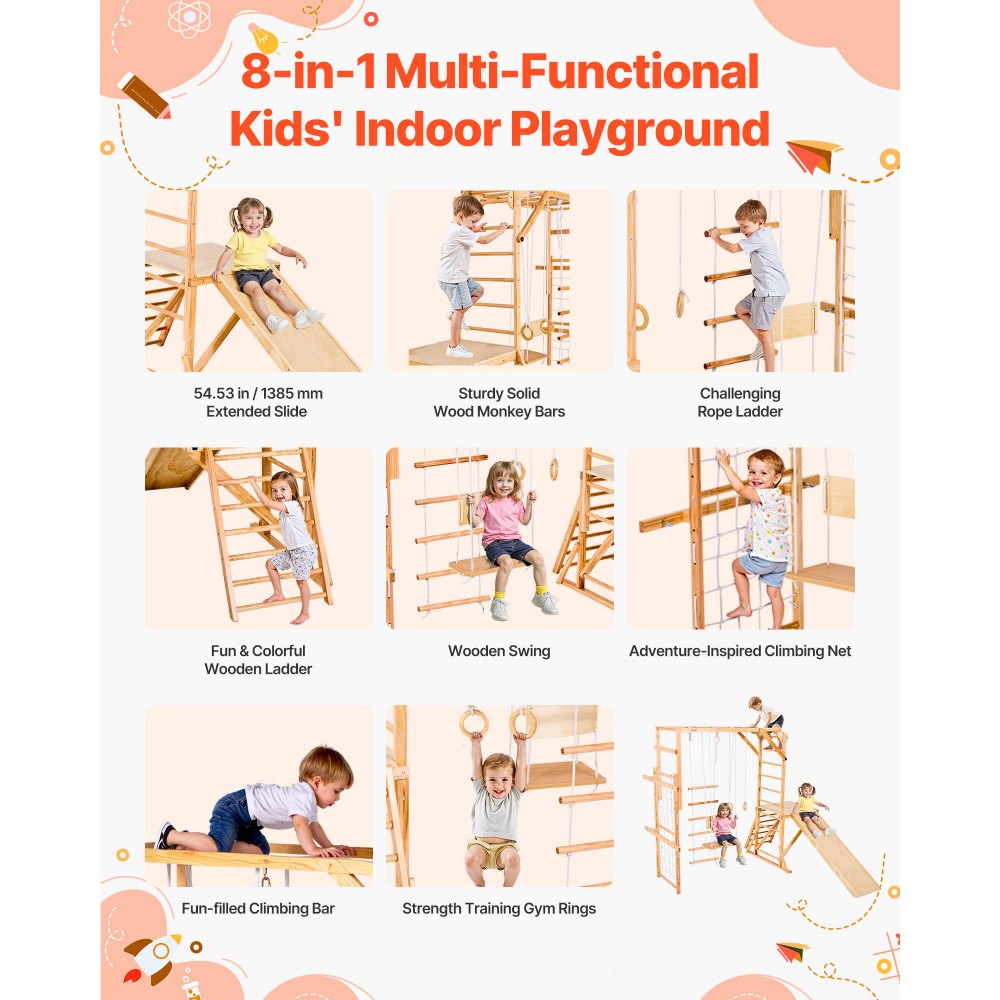 VEVOR 8 en 1 Parque Infantil de Madera para Interior, Carga 100 kg Juego de Escalada Montessori con Tobogán, Columpio, Barra de Mono/Escalada, Anillas, Escalera de Madera/Cuerda, Red, Color Madera