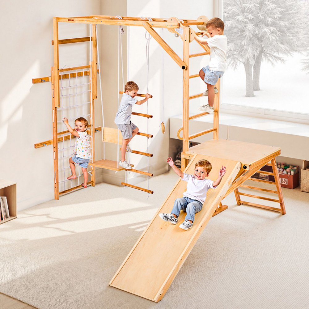 VEVOR 8 en 1 Parque Infantil de Madera para Interior, Carga 100 kg Juego de Escalada Montessori con Tobogán, Columpio, Barra de Mono/Escalada, Anillas, Escalera de Madera/Cuerda, Red, Color Madera