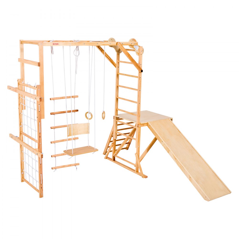 VEVOR 8 en 1 Parque Infantil de Madera para Interior, Carga 100 kg Juego de Escalada Montessori con Tobogán, Columpio, Barra de Mono/Escalada, Anillas, Escalera de Madera/Cuerda, Red, Color Madera