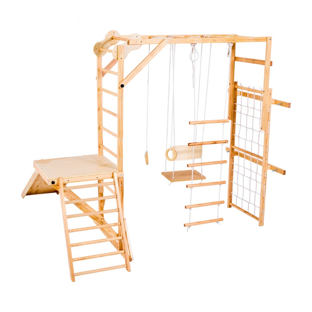 VEVOR 8 en 1 Parque Infantil de Madera para Interior, Carga 100 kg Juego de Escalada Montessori con Tobogán, Columpio, Barra de Mono/Escalada, Anillas, Escalera de Madera/Cuerda, Red, Color Madera
