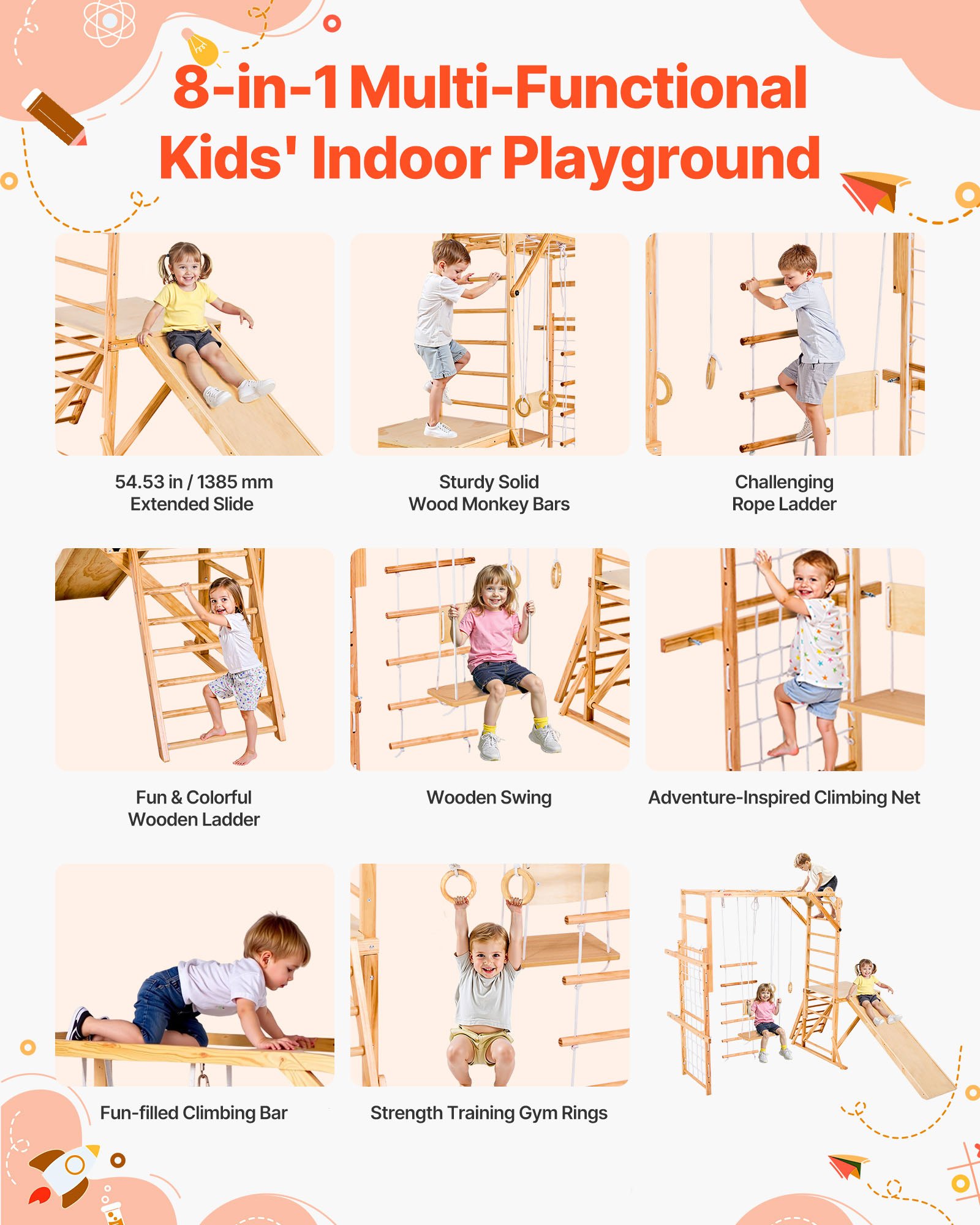 VEVOR 8 en 1 Parque Infantil de Madera para Interior, Carga 100 kg Juego de Escalada Montessori con Tobogán, Columpio, Barra de Mono/Escalada, Anillas, Escalera de Madera/Cuerda, Red, Color Madera