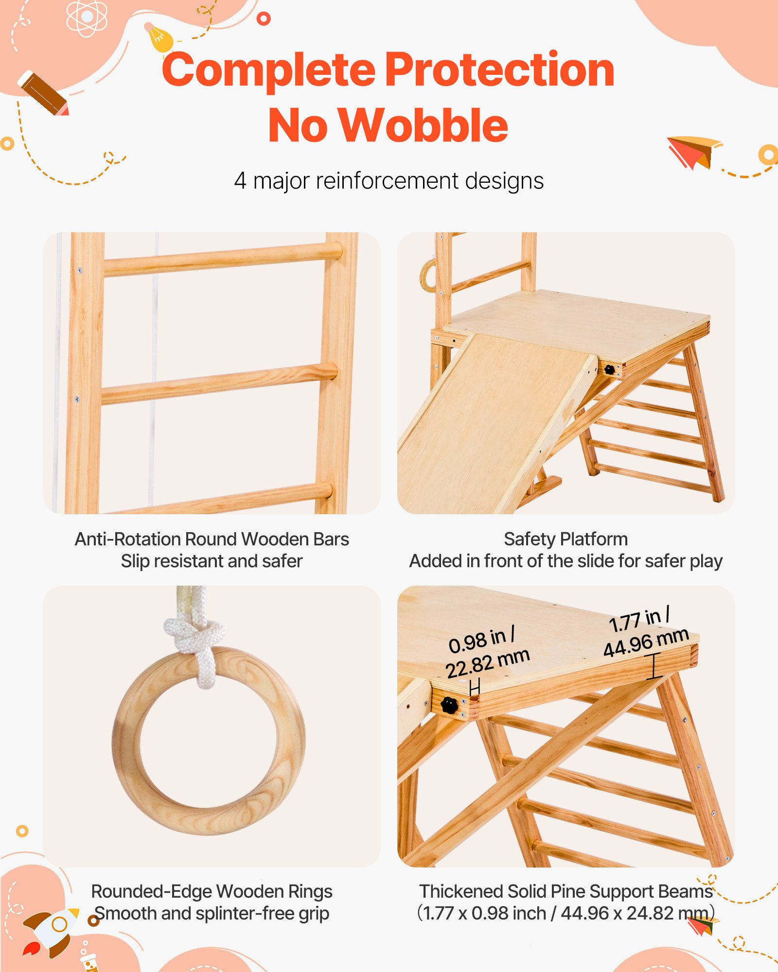 VEVOR 8 en 1 Parque Infantil de Madera para Interior, Carga 100 kg Juego de Escalada Montessori con Tobogán, Columpio, Barra de Mono/Escalada, Anillas, Escalera de Madera/Cuerda, Red, Color Madera