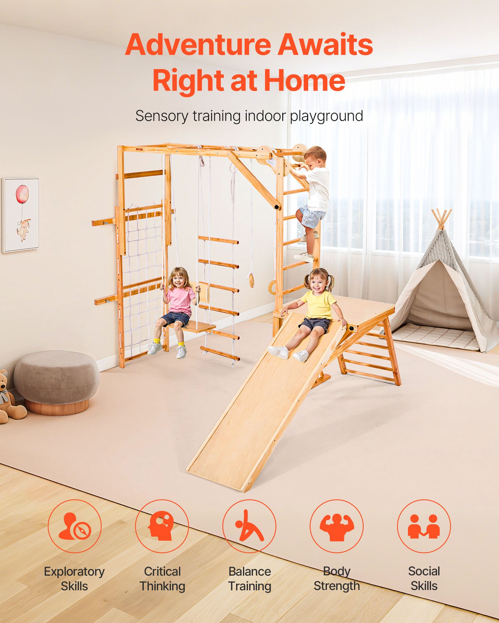 VEVOR 8 en 1 Parque Infantil de Madera para Interior, Carga 100 kg Juego de Escalada Montessori con Tobogán, Columpio, Barra de Mono/Escalada, Anillas, Escalera de Madera/Cuerda, Red, Color Madera