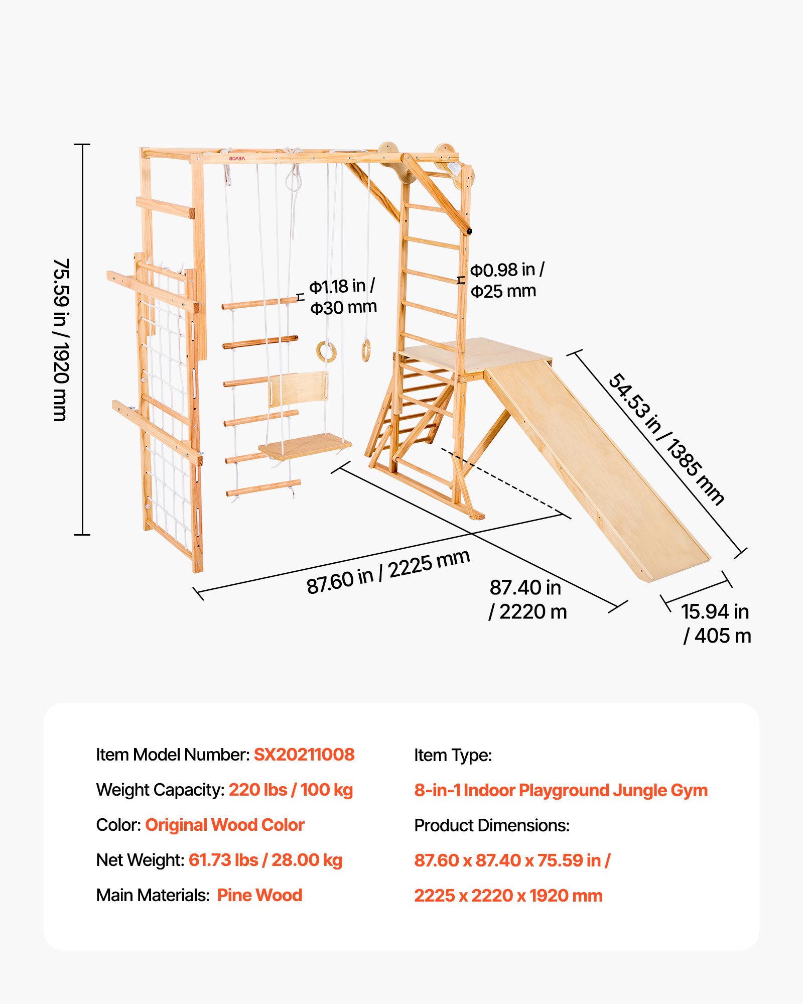 VEVOR 8 en 1 Parque Infantil de Madera para Interior, Carga 100 kg Juego de Escalada Montessori con Tobogán, Columpio, Barra de Mono/Escalada, Anillas, Escalera de Madera/Cuerda, Red, Color Madera