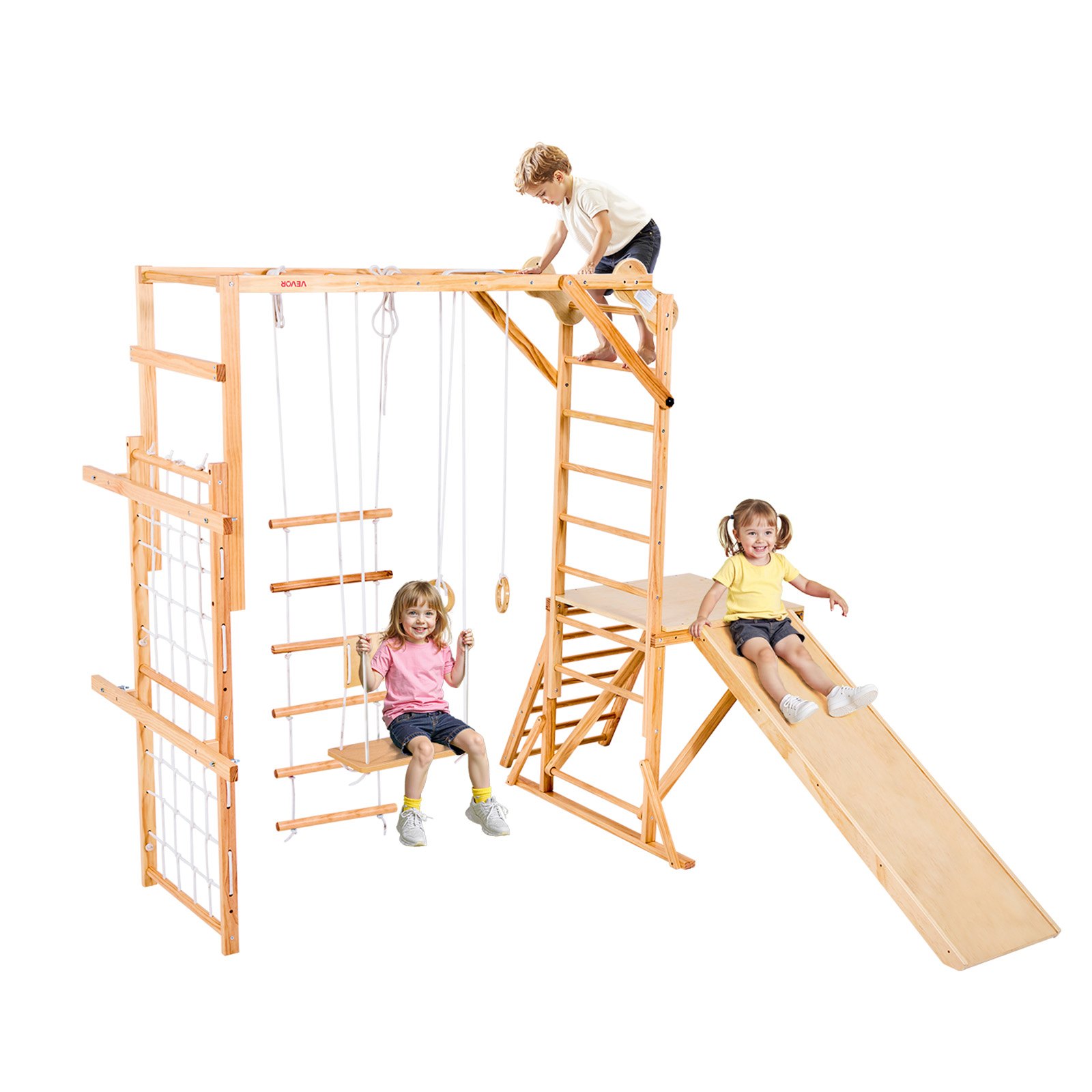 VEVOR 8 en 1 Parque Infantil de Madera para Interior, Carga 100 kg Juego de Escalada Montessori con Tobogán, Columpio, Barra de Mono/Escalada, Anillas, Escalera de Madera/Cuerda, Red, Color Madera