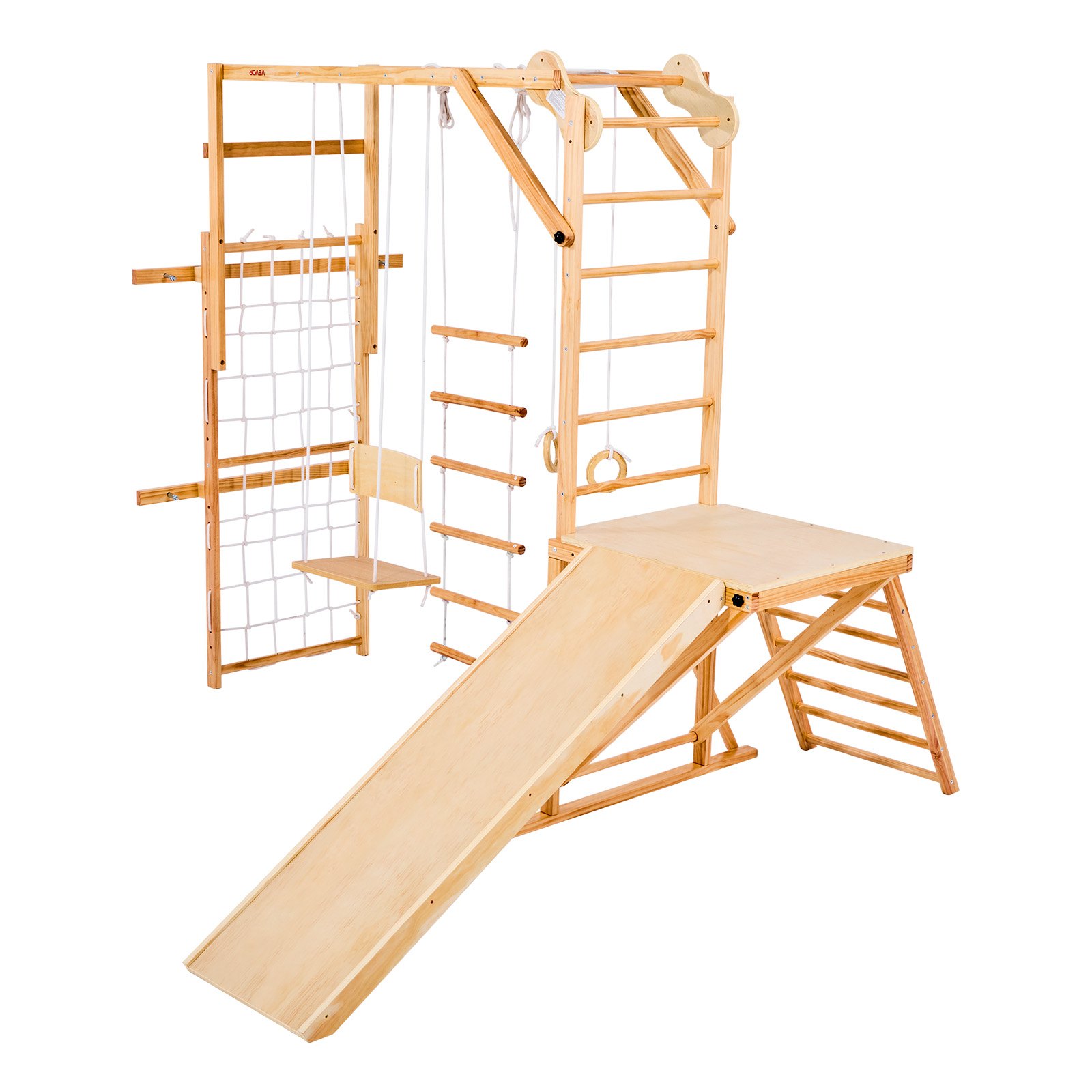 VEVOR 8 en 1 Parque Infantil de Madera para Interior, Carga 100 kg Juego de Escalada Montessori con Tobogán, Columpio, Barra de Mono/Escalada, Anillas, Escalera de Madera/Cuerda, Red, Color Madera