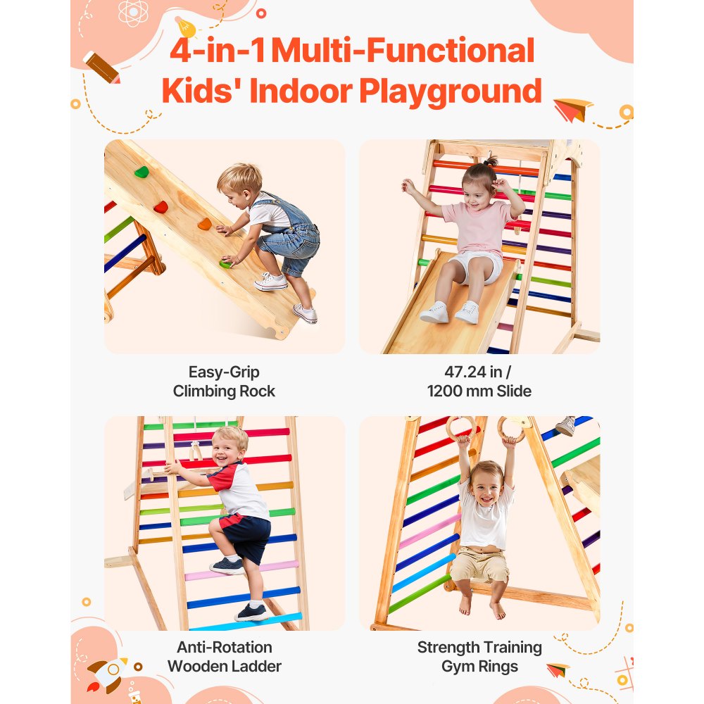 VEVOR 4 en 1 Parque Infantil de Madera para Interior, Carga 100 kg Juego de Escalada Montessori 2060 x 880 x 1205 mm con Roca de Escalar, Tobogán, Escalera de Madera y Anillas de Gimnasio, Colorido