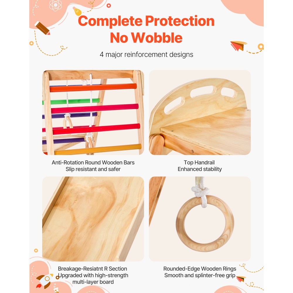 VEVOR 4 en 1 Parque Infantil de Madera para Interior, Carga 100 kg Juego de Escalada Montessori 2060 x 880 x 1205 mm con Roca de Escalar, Tobogán, Escalera de Madera y Anillas de Gimnasio, Colorido