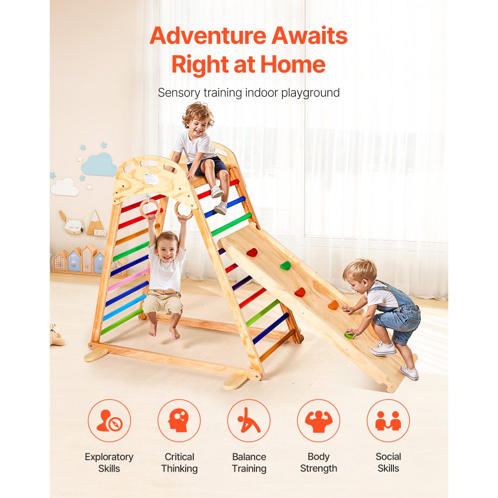 VEVOR 4 en 1 Parque Infantil de Madera para Interior, Carga 100 kg Juego de Escalada Montessori 2060 x 880 x 1205 mm con Roca de Escalar, Tobogán, Escalera de Madera y Anillas de Gimnasio, Colorido