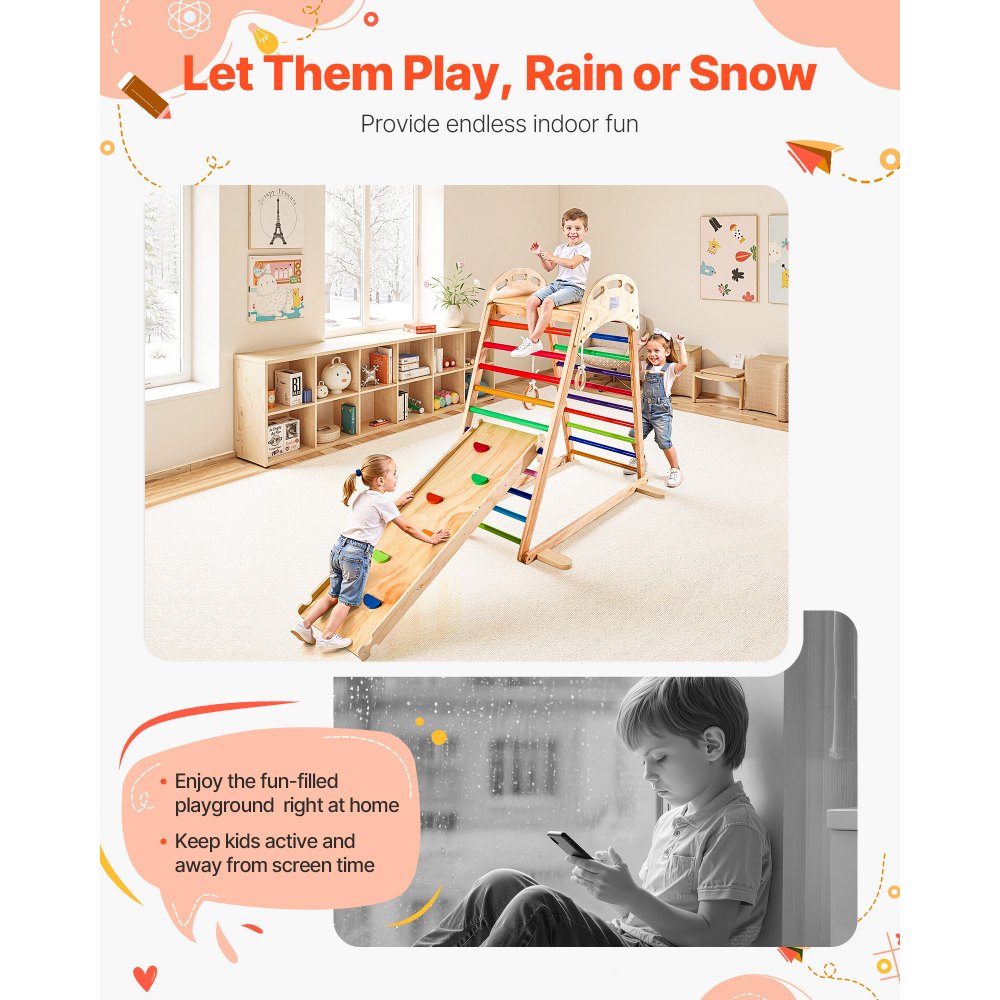 VEVOR 4 en 1 Parque Infantil de Madera para Interior, Carga 100 kg Juego de Escalada Montessori 2060 x 880 x 1205 mm con Roca de Escalar, Tobogán, Escalera de Madera y Anillas de Gimnasio, Colorido