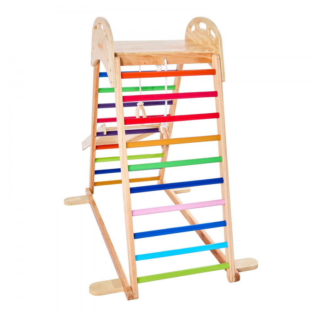 VEVOR 4 en 1 Parque Infantil de Madera para Interior, Carga 100 kg Juego de Escalada Montessori 2060 x 880 x 1205 mm con Roca de Escalar, Tobogán, Escalera de Madera y Anillas de Gimnasio, Colorido