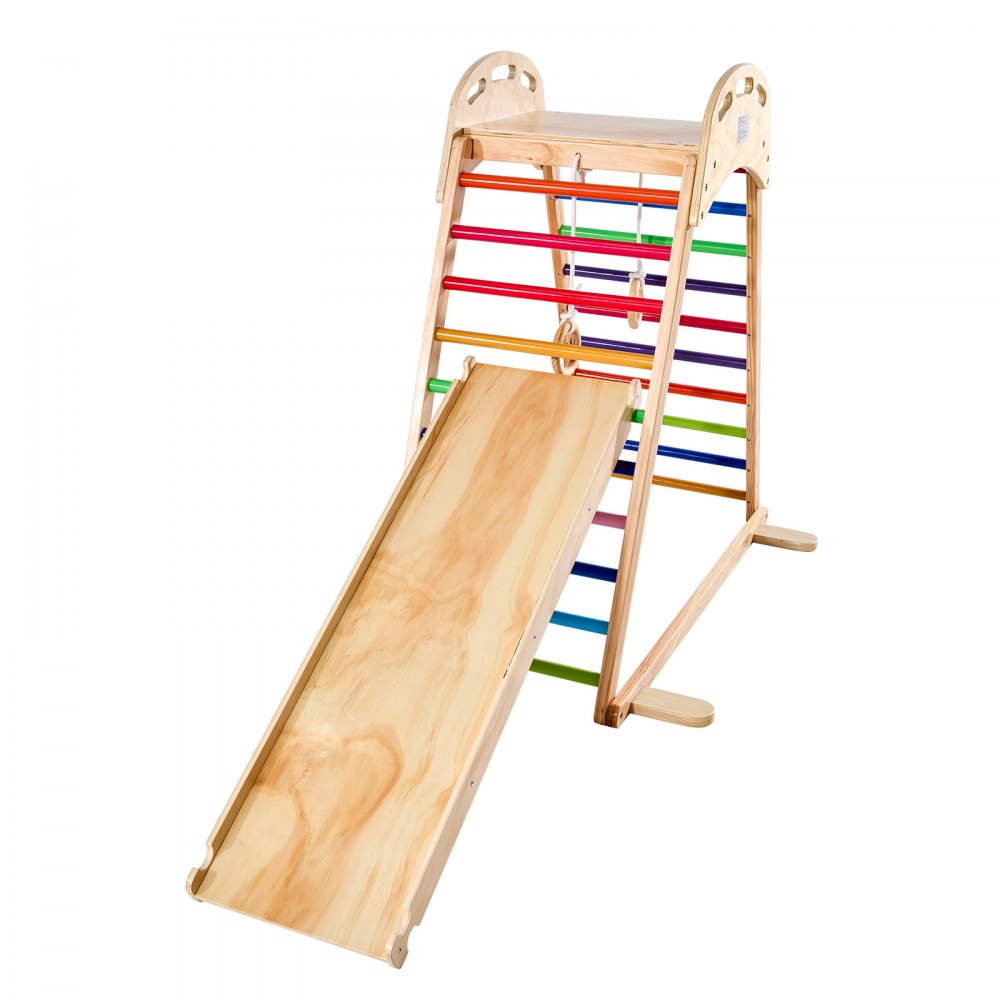 VEVOR 4 en 1 Parque Infantil de Madera para Interior, Carga 100 kg Juego de Escalada Montessori 2060 x 880 x 1205 mm con Roca de Escalar, Tobogán, Escalera de Madera y Anillas de Gimnasio, Colorido