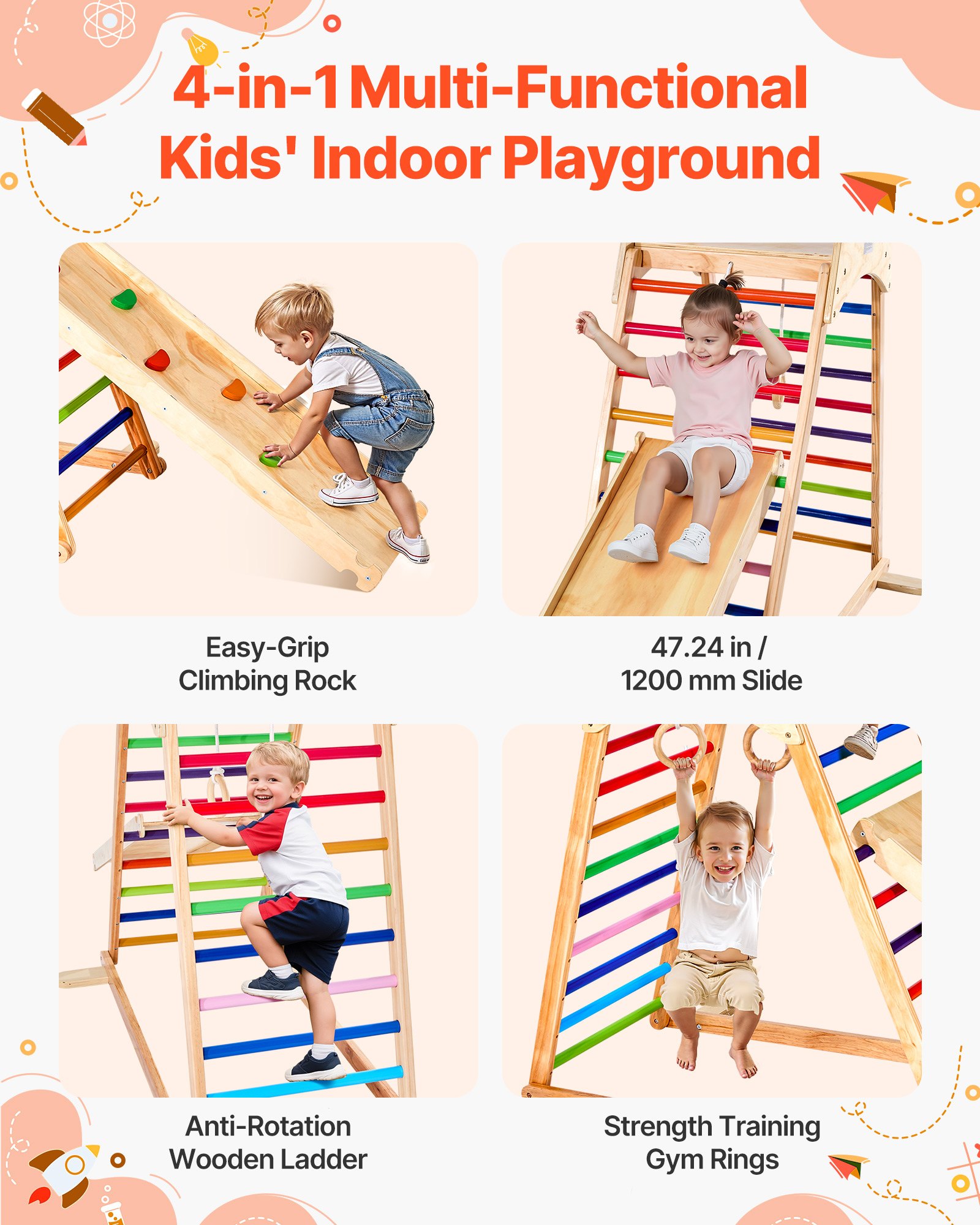 VEVOR 4 en 1 Parque Infantil de Madera para Interior, Carga 100 kg Juego de Escalada Montessori 2060 x 880 x 1205 mm con Roca de Escalar, Tobogán, Escalera de Madera y Anillas de Gimnasio, Colorido