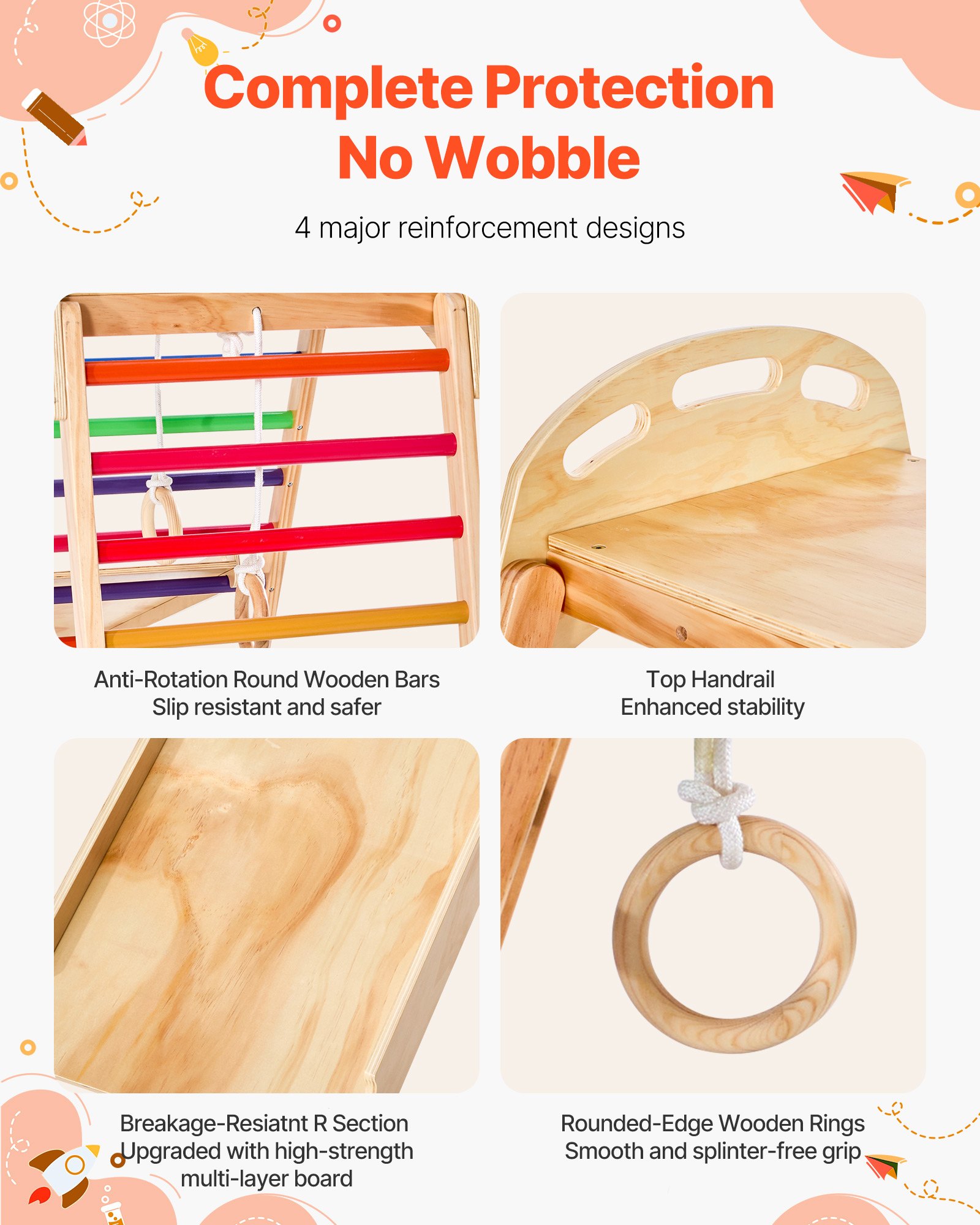 VEVOR 4 en 1 Parque Infantil de Madera para Interior, Carga 100 kg Juego de Escalada Montessori 2060 x 880 x 1205 mm con Roca de Escalar, Tobogán, Escalera de Madera y Anillas de Gimnasio, Colorido