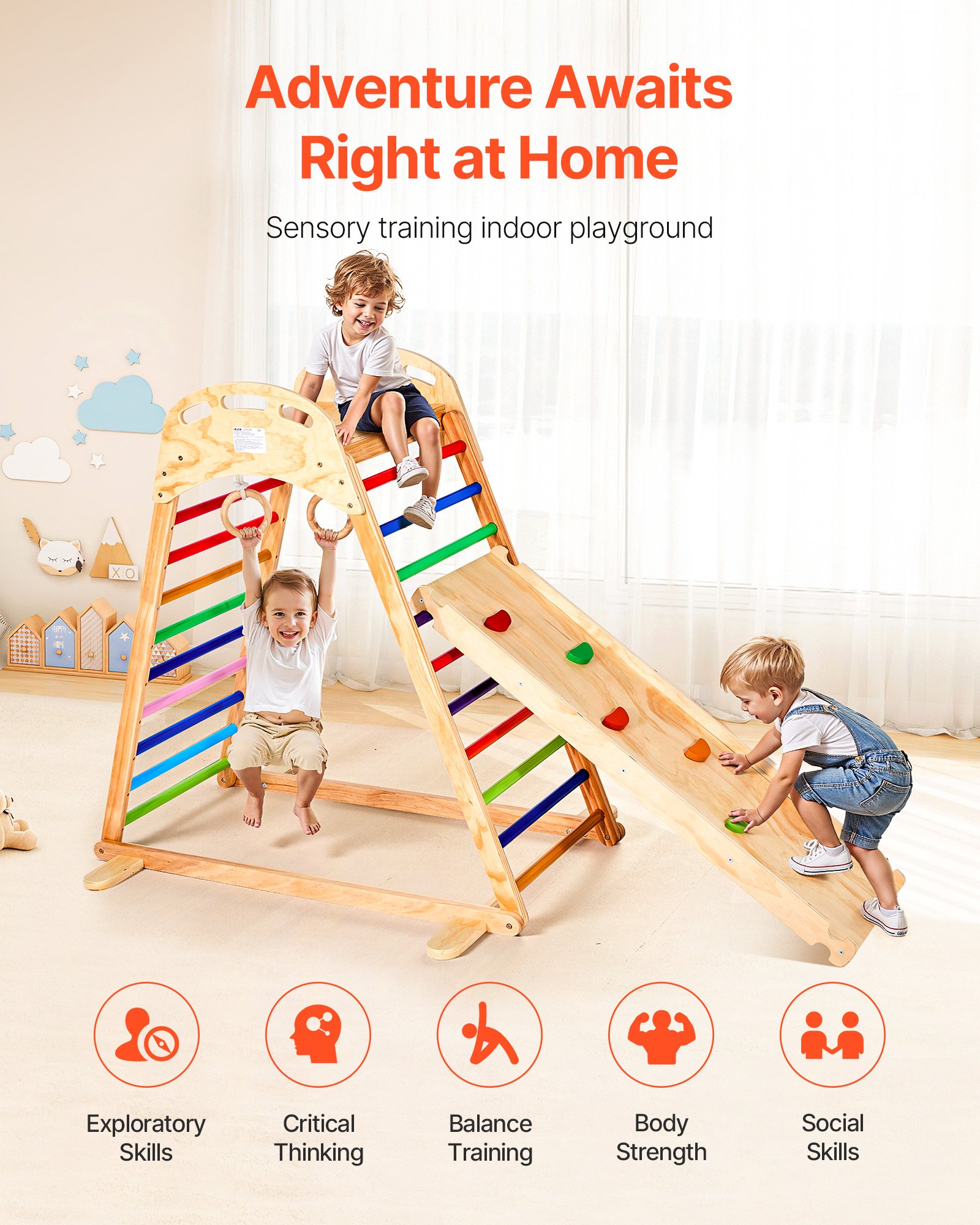 VEVOR 4 en 1 Parque Infantil de Madera para Interior, Carga 100 kg Juego de Escalada Montessori 2060 x 880 x 1205 mm con Roca de Escalar, Tobogán, Escalera de Madera y Anillas de Gimnasio, Colorido