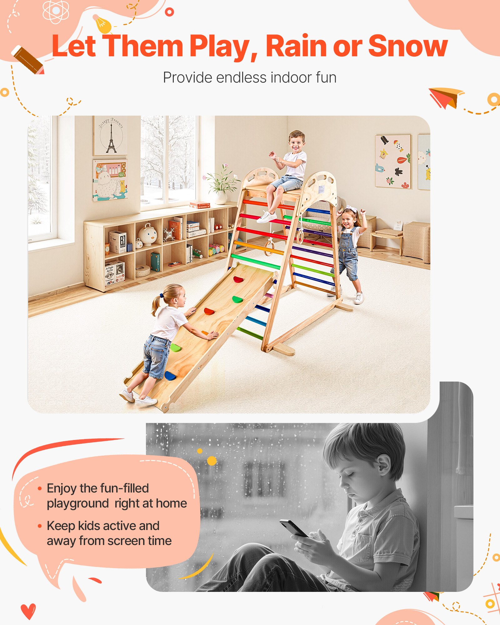 VEVOR 4 en 1 Parque Infantil de Madera para Interior, Carga 100 kg Juego de Escalada Montessori 2060 x 880 x 1205 mm con Roca de Escalar, Tobogán, Escalera de Madera y Anillas de Gimnasio, Colorido