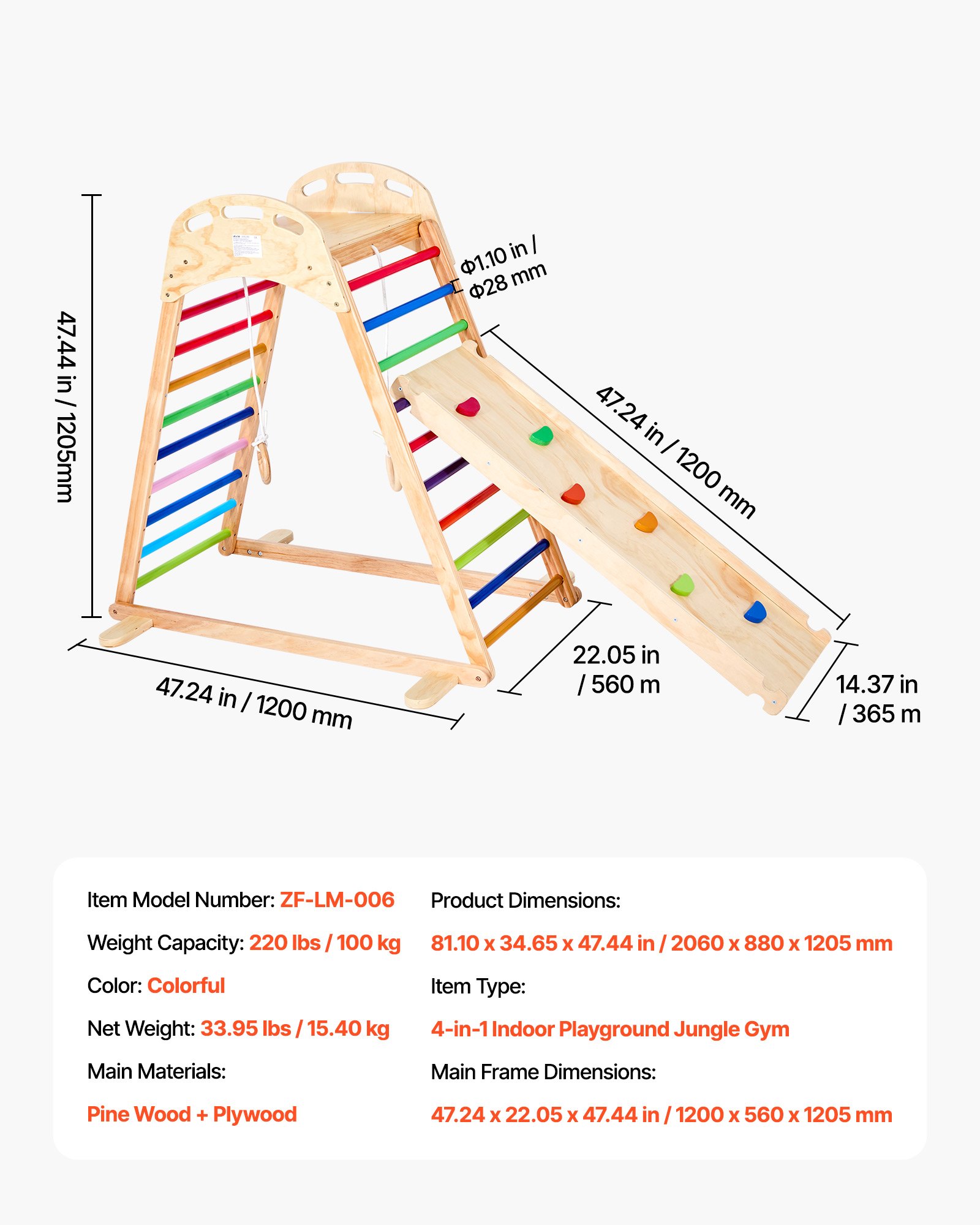 VEVOR 4 en 1 Parque Infantil de Madera para Interior, Carga 100 kg Juego de Escalada Montessori 2060 x 880 x 1205 mm con Roca de Escalar, Tobogán, Escalera de Madera y Anillas de Gimnasio, Colorido