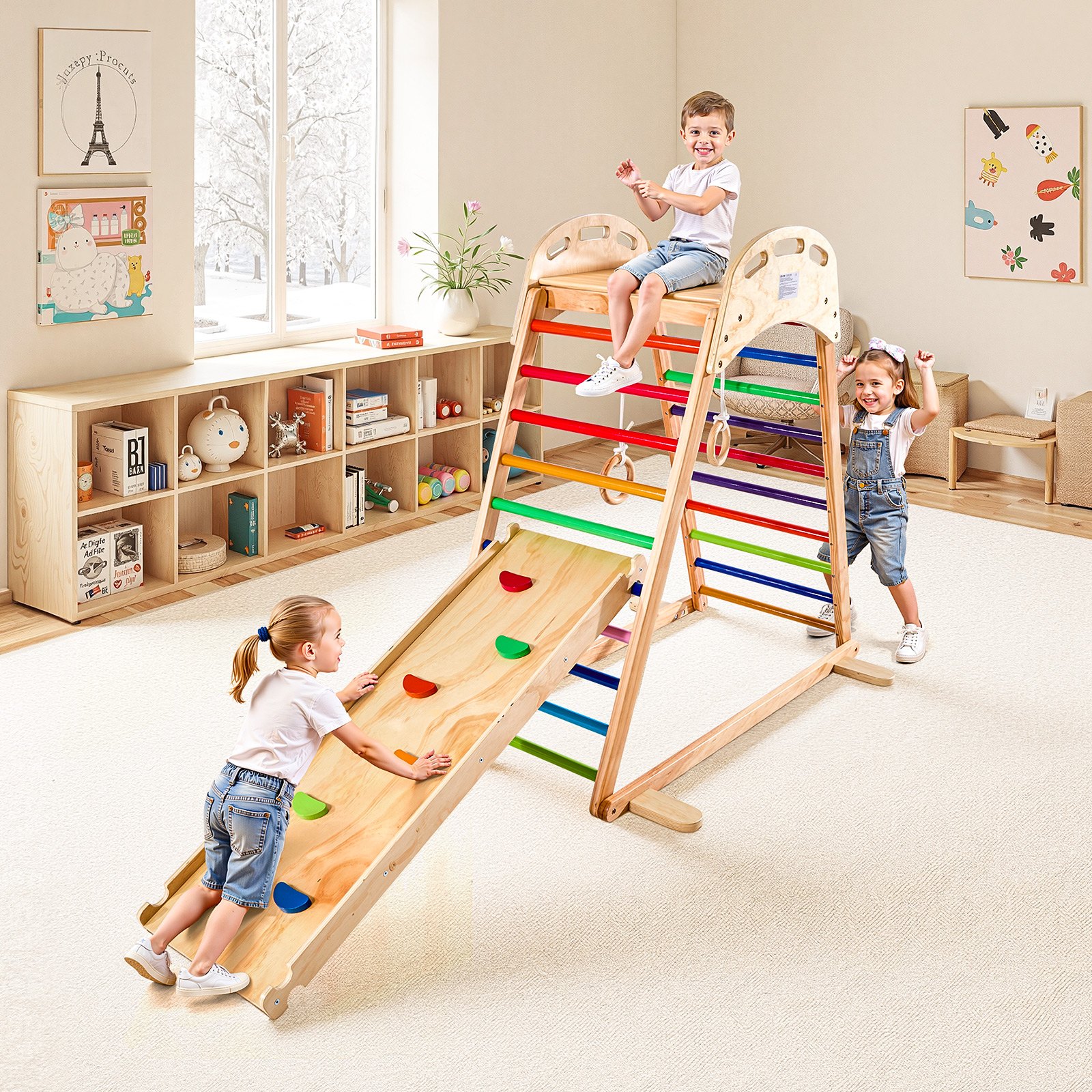 VEVOR 4 en 1 Parque Infantil de Madera para Interior, Carga 100 kg Juego de Escalada Montessori 2060 x 880 x 1205 mm con Roca de Escalar, Tobogán, Escalera de Madera y Anillas de Gimnasio, Colorido