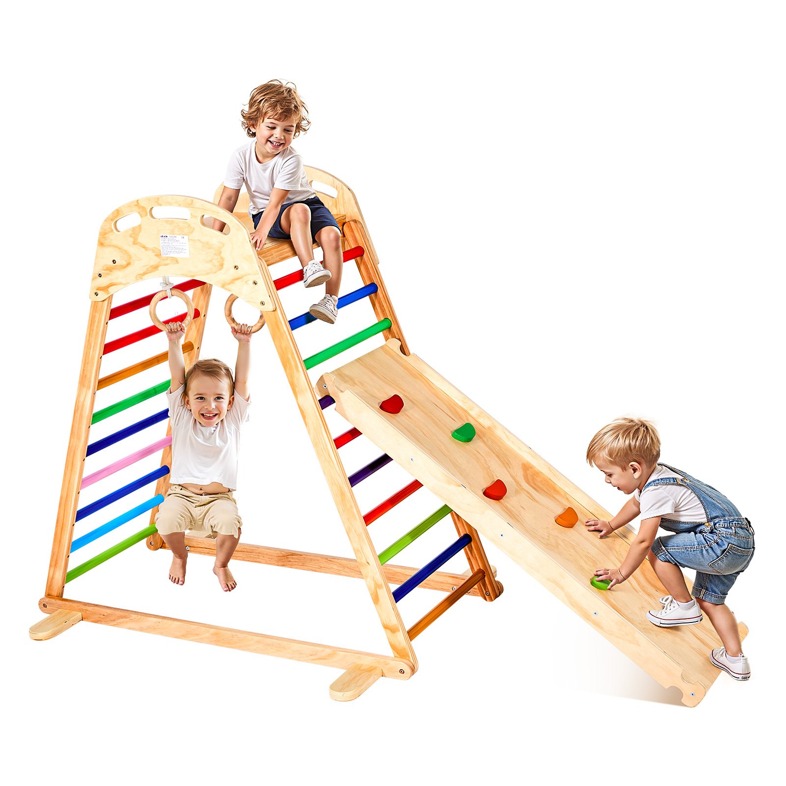 VEVOR 4 en 1 Parque Infantil de Madera para Interior, Carga 100 kg Juego de Escalada Montessori 2060 x 880 x 1205 mm con Roca de Escalar, Tobogán, Escalera de Madera y Anillas de Gimnasio, Colorido