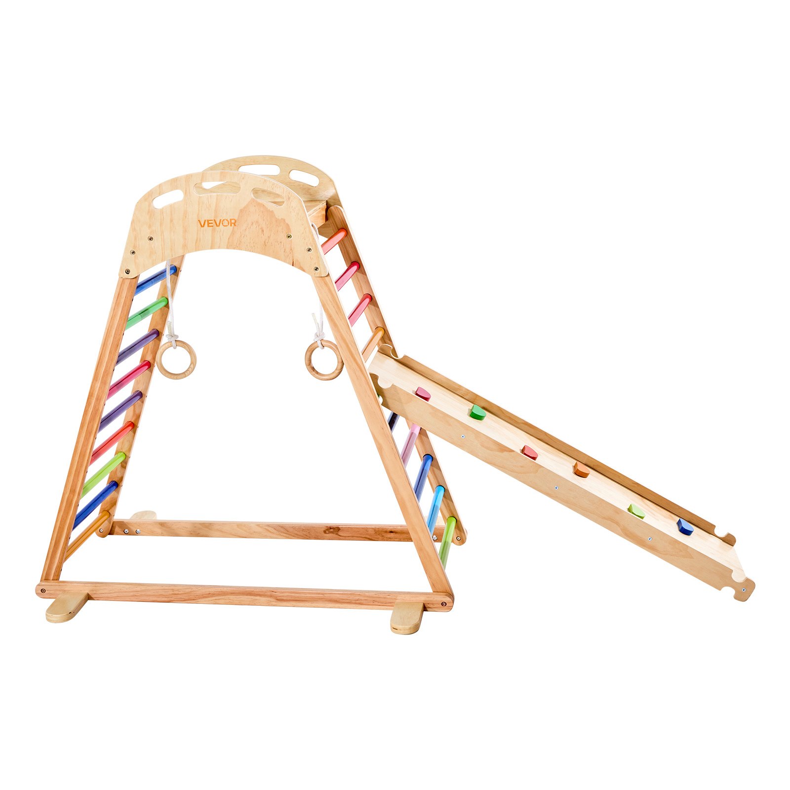 VEVOR 4 en 1 Parque Infantil de Madera para Interior, Carga 100 kg Juego de Escalada Montessori 2060 x 880 x 1205 mm con Roca de Escalar, Tobogán, Escalera de Madera y Anillas de Gimnasio, Colorido