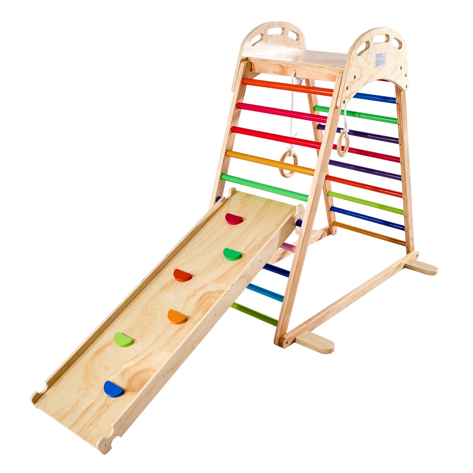 VEVOR 4 en 1 Parque Infantil de Madera para Interior, Carga 100 kg Juego de Escalada Montessori 2060 x 880 x 1205 mm con Roca de Escalar, Tobogán, Escalera de Madera y Anillas de Gimnasio, Colorido