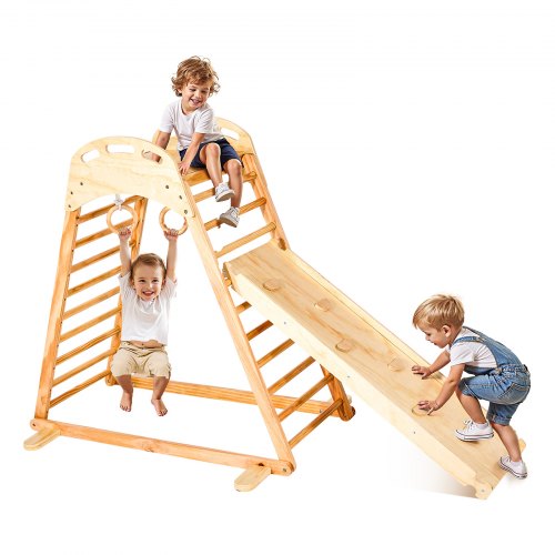 VEVOR 4 en 1 Parque Infantil de Madera para Interior, Carga 100 kg Juego de Escalada Montessori 206x88x120,5 cm con Roca de Escalar, Tobogán, Escalera de Madera y Anillas de Gimnasio, Color Madera