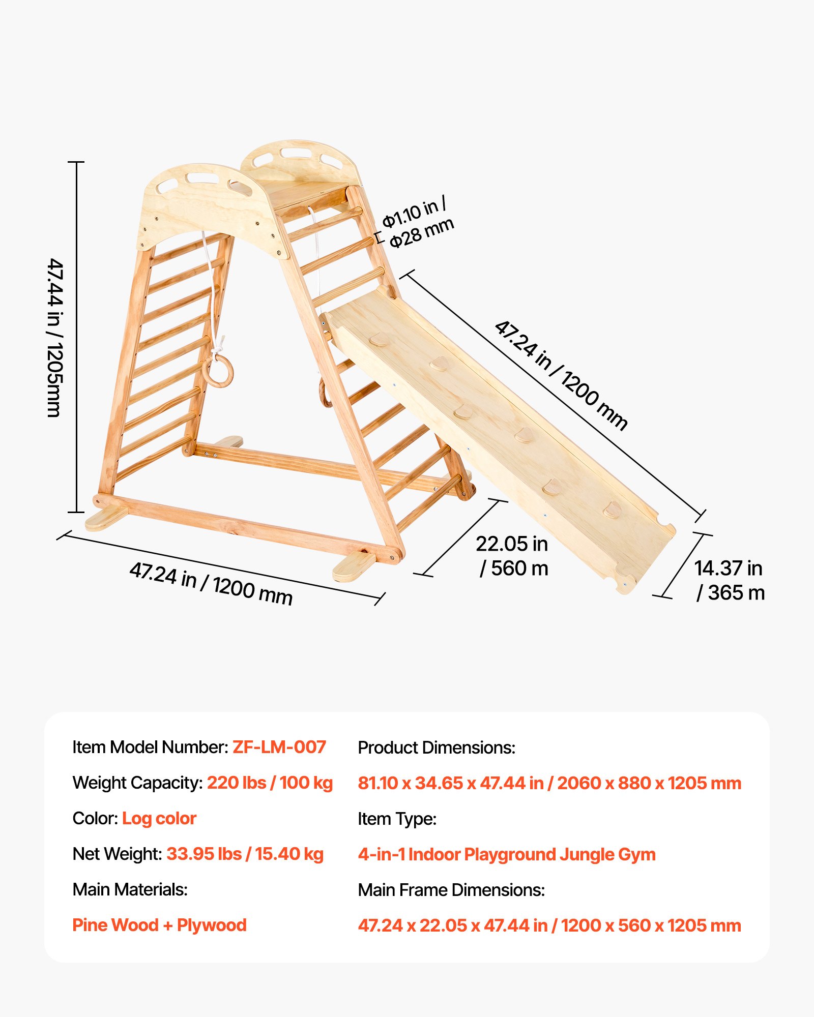 VEVOR 4 en 1 Parque Infantil de Madera para Interior, Carga 100 kg Juego de Escalada Montessori 206x88x120,5 cm con Roca de Escalar, Tobogán, Escalera de Madera y Anillas de Gimnasio, Color Madera