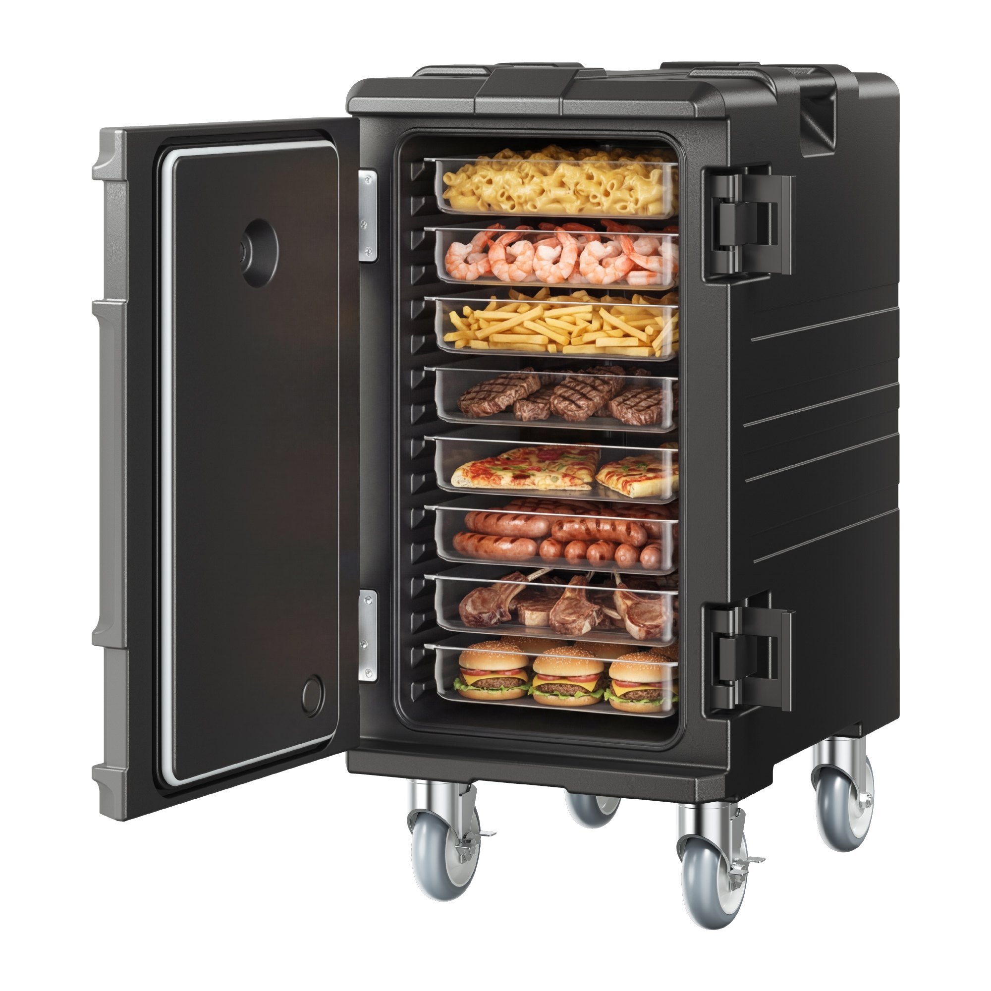 VEVOR Porta Bandejas para Alimentos con Aislamiento Caja Caliente de 120 L para Catering Porta Cajas de Alimentos con Hebillas Dobles Carga Frontal con Asas con Ruedas para Restaurante, Cantina