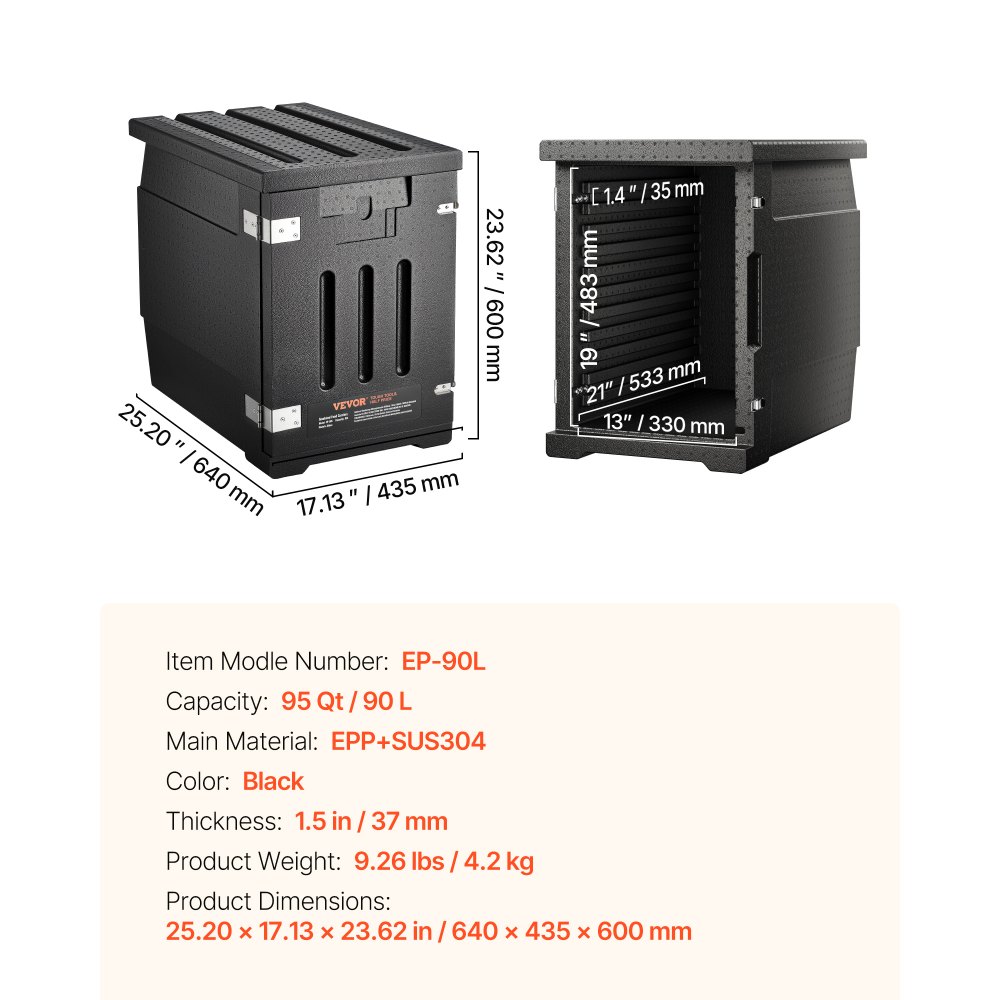 VEVOR Caja Termo Aislada de Alimentos con Caja Aislada 90L, Portacontenedores de Alimentos LLDPE con Hebillas Dobles, Calentador de Alimentos de Carga Frontal para Restaurante, Cantina, etc.