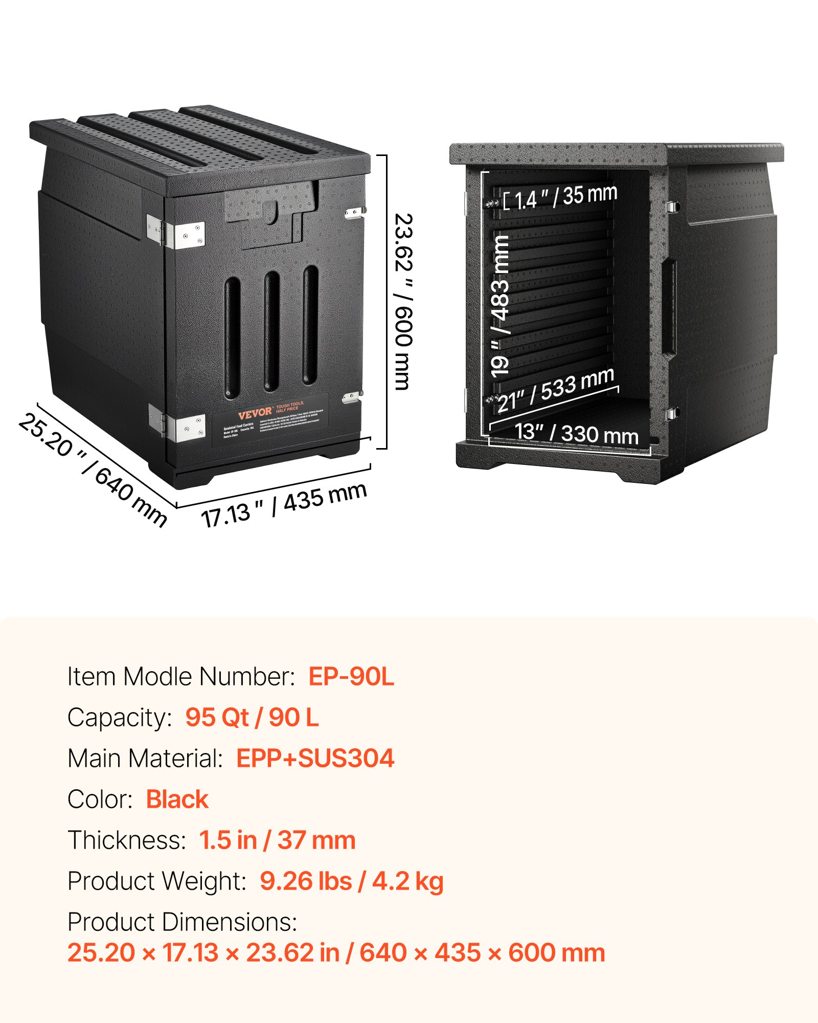 VEVOR Caja Termo Aislada de Alimentos con Caja Aislada 90L, Portacontenedores de Alimentos LLDPE con Hebillas Dobles, Calentador de Alimentos de Carga Frontal para Restaurante, Cantina, etc.