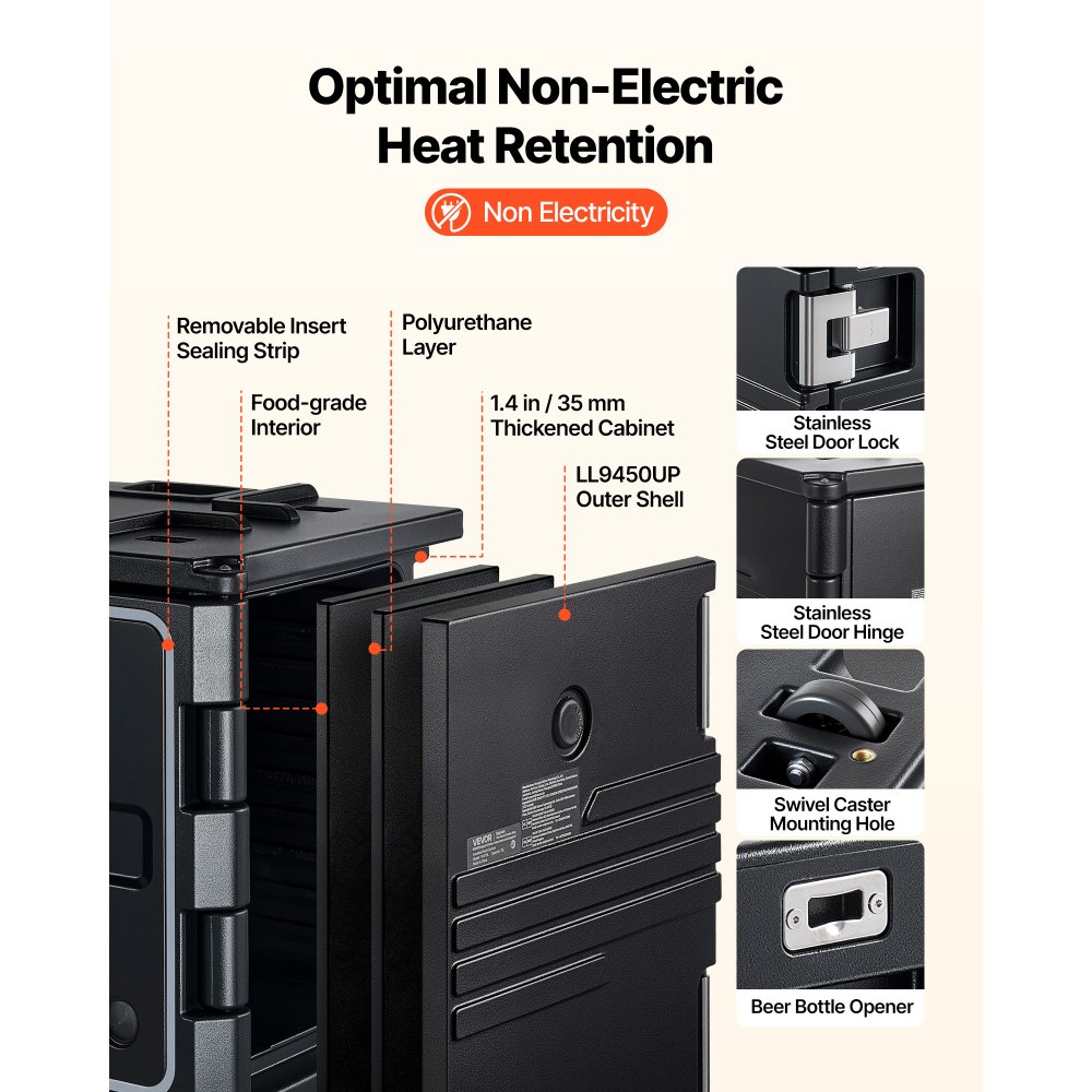 VEVOR Contenedor Isotérmico de Alimentos 75 L, Caja Isotérmica de LLDPE No Eléctrico, con Ruedas y Cierre de Acero Inoxidable 304, para Bandejas de Varios Tamaños (NO Incluidas), para Banquetes