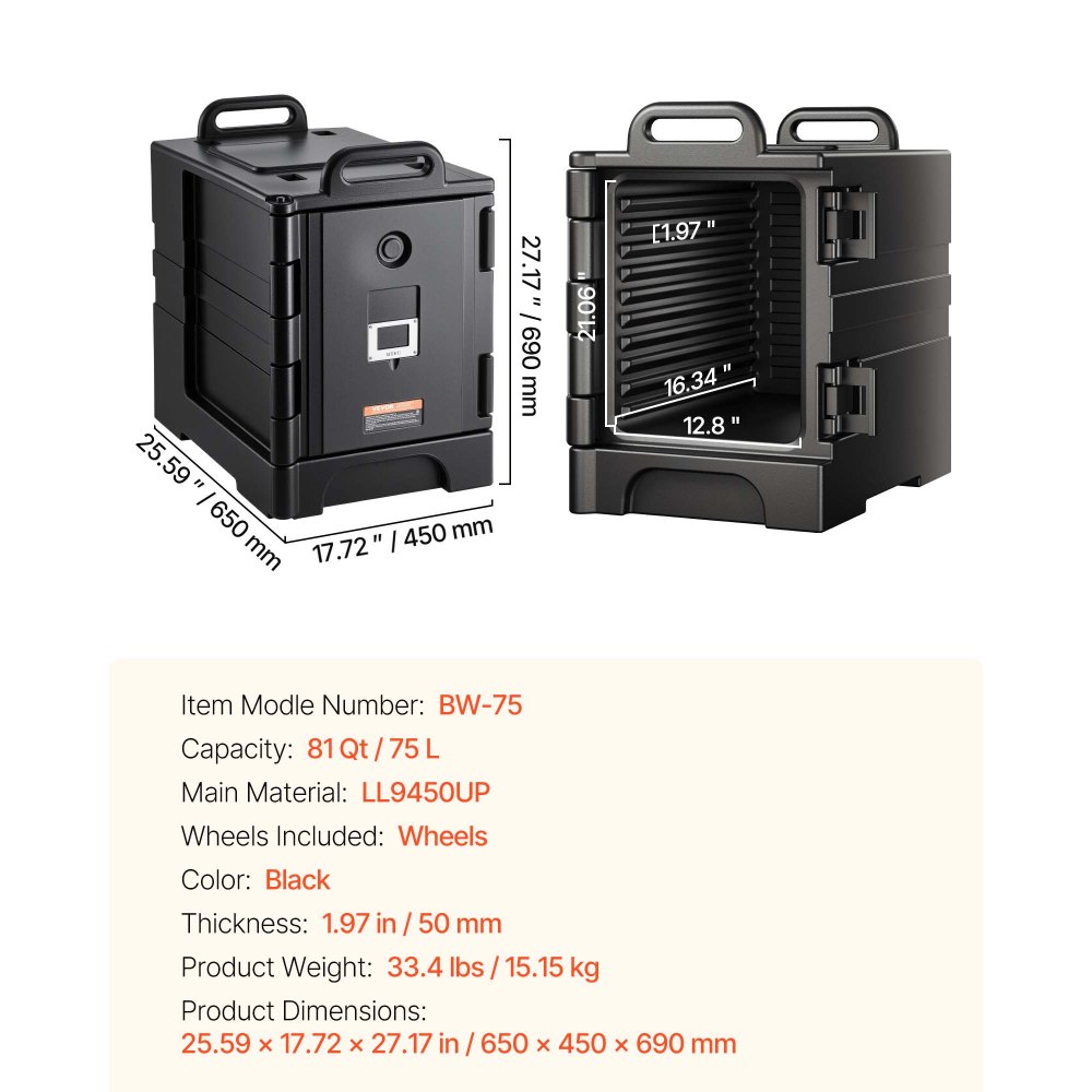 VEVOR Caja Térmica para Alimentos con Aislamiento de 75 L para Catering, con Hebillas Dobles, Calentador de Alimentos de Carga Frontal con Asas, para Restaurantes y Cantinas, 650 x 450 x 690 mm