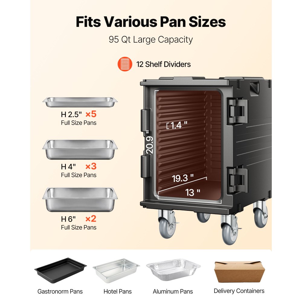 VEVOR Caja Térmica para Alimentos con Aislamiento, 90 L, para Catering, con Hebilla, Carga Frontal con Asas, Cargador Frontal con Ruedas para Restaurantes y Cantinas, 645 x 445 x 755 mm, Negro
