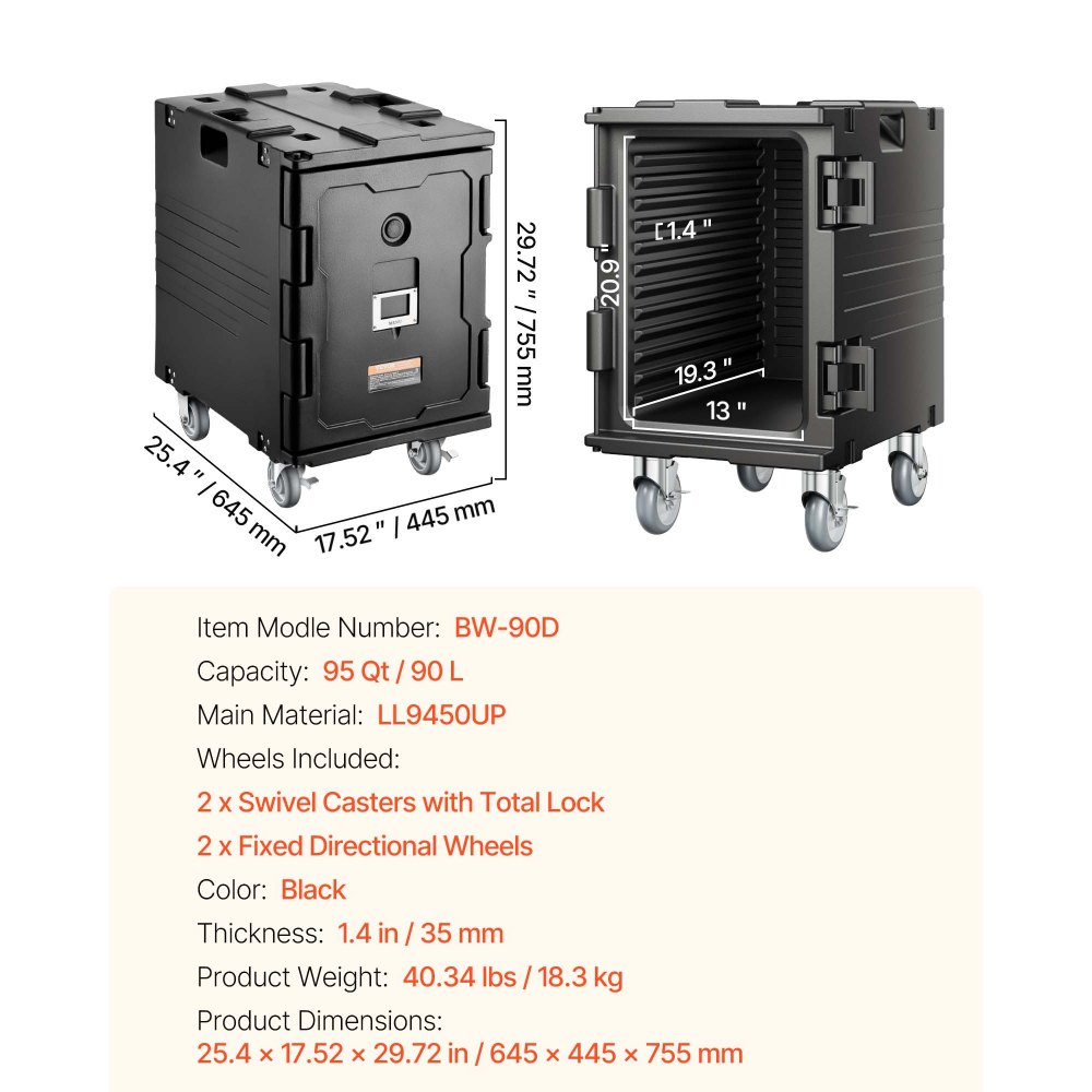VEVOR Caja Térmica para Alimentos con Aislamiento, 90 L, para Catering, con Hebilla, Carga Frontal con Asas, Cargador Frontal con Ruedas para Restaurantes y Cantinas, 645 x 445 x 755 mm, Negro