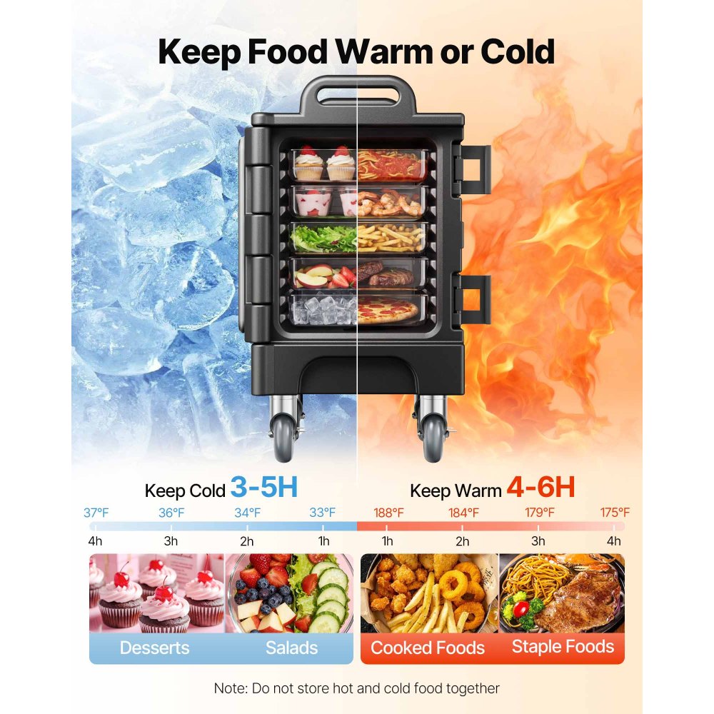 VEVOR Caja Térmica para Alimentos con Aislamiento de 75 L para Catering, Caja para Alimentos con Hebillas Dobles, Carga Frontal con Asas, con Ruedas para Restaurantes, 650x450x815 mm (Sin Bandeja)