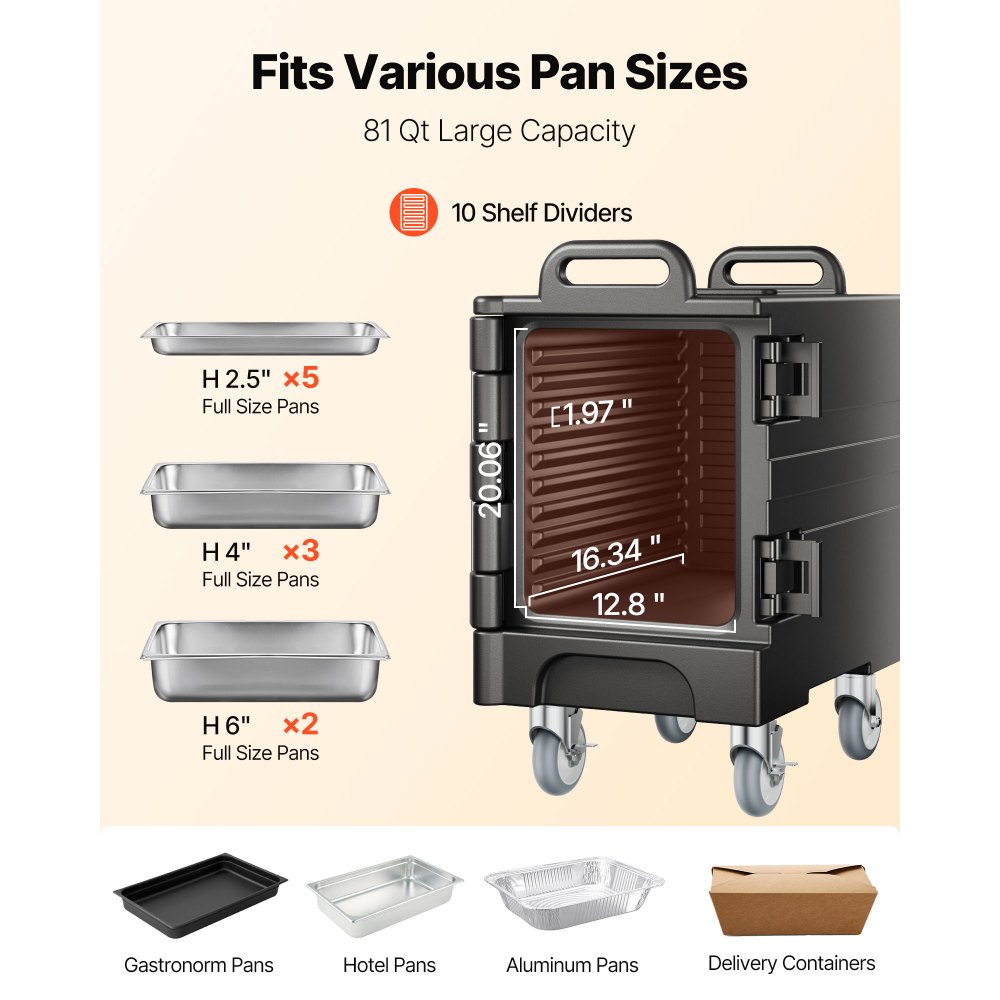 VEVOR Caja Térmica para Alimentos con Aislamiento de 75 L para Catering, Caja para Alimentos con Hebillas Dobles, Carga Frontal con Asas, con Ruedas para Restaurantes, 650x450x815 mm (Sin Bandeja)