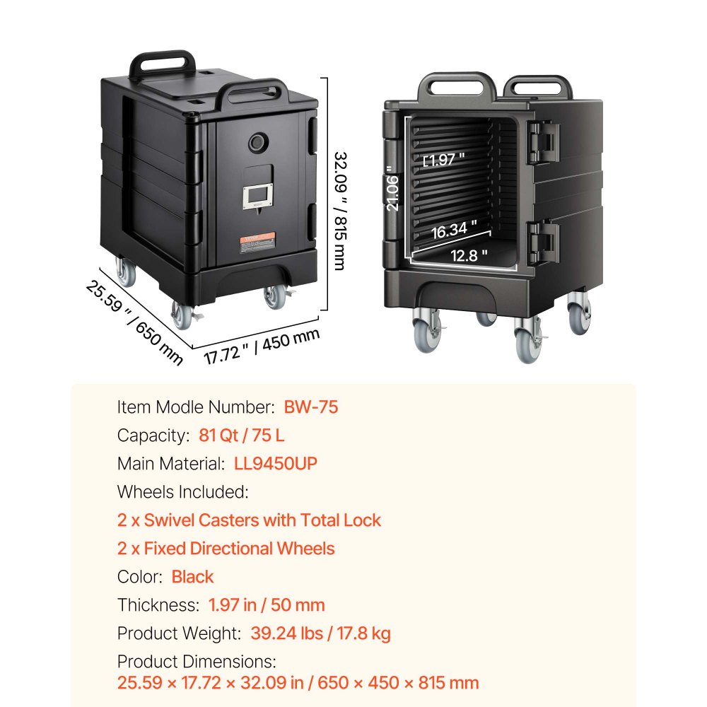 VEVOR Caja Térmica para Alimentos con Aislamiento de 75 L para Catering, Caja para Alimentos con Hebillas Dobles, Carga Frontal con Asas, con Ruedas para Restaurantes, 650x450x815 mm (Sin Bandeja)