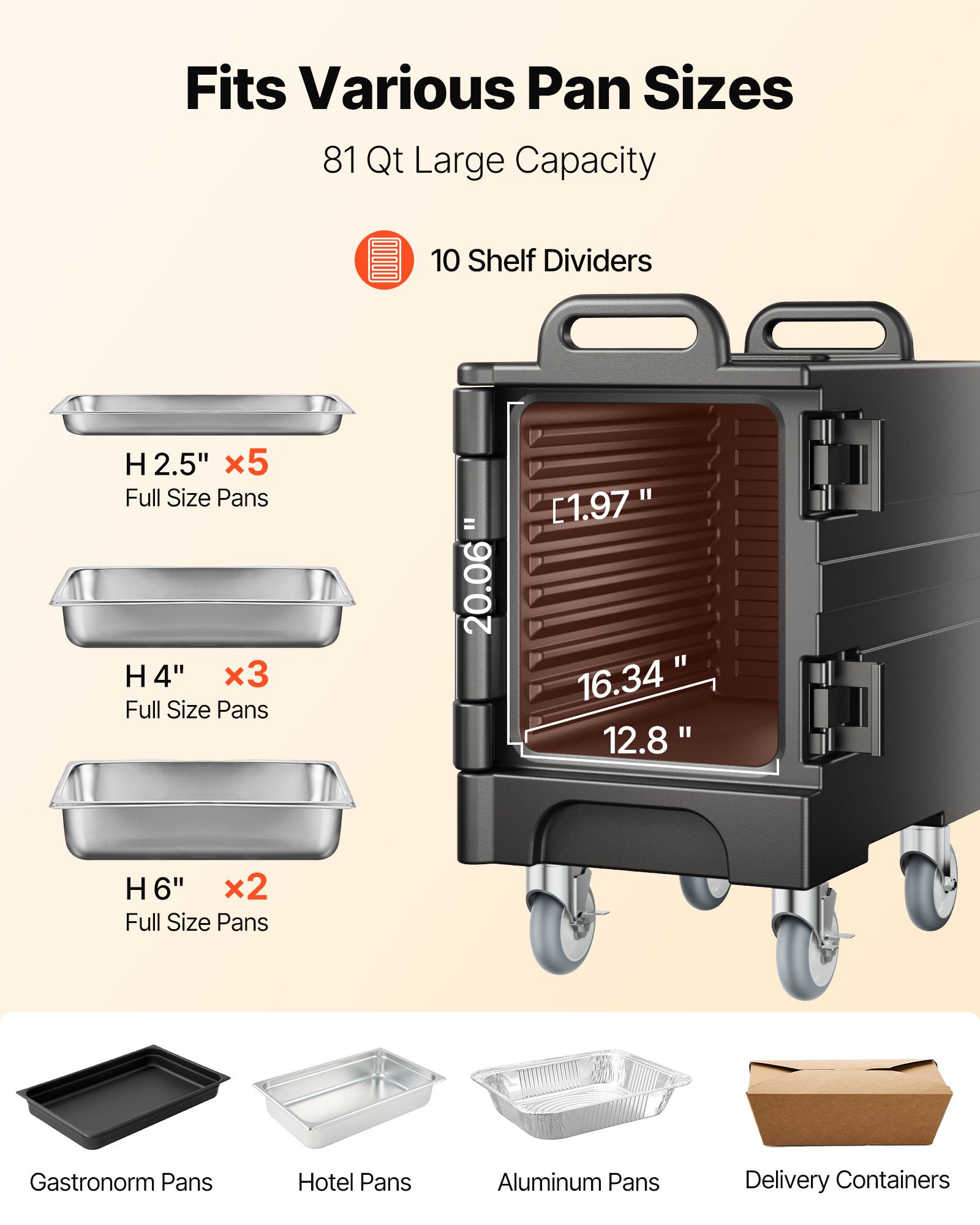 VEVOR Caja Térmica para Alimentos con Aislamiento de 75 L para Catering, Caja para Alimentos con Hebillas Dobles, Carga Frontal con Asas, con Ruedas para Restaurantes, 650x450x815 mm (Sin Bandeja)