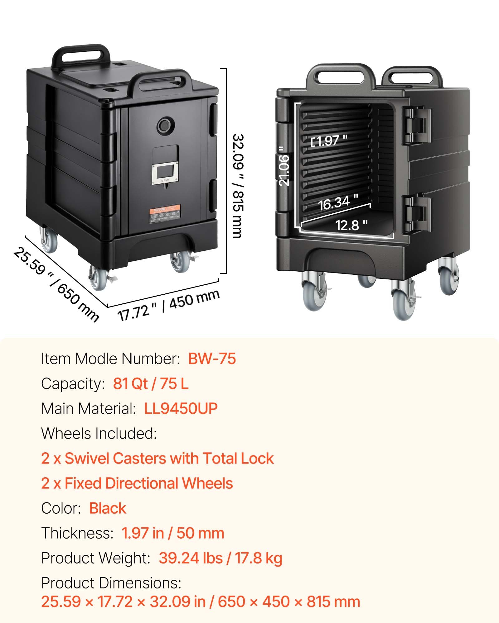 VEVOR Caja Térmica para Alimentos con Aislamiento de 75 L para Catering, Caja para Alimentos con Hebillas Dobles, Carga Frontal con Asas, con Ruedas para Restaurantes, 650x450x815 mm (Sin Bandeja)