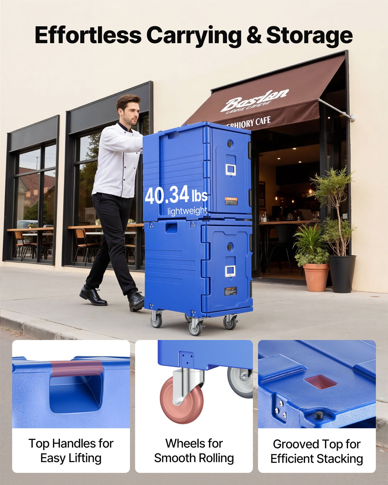 VEVOR Porta recipientes aislados para alimentos caja caliente de 90 L para catering porta cajas de alimentos LLDPE con hebilla de una pieza de carga frontal con asas, cargador final con ruedas
