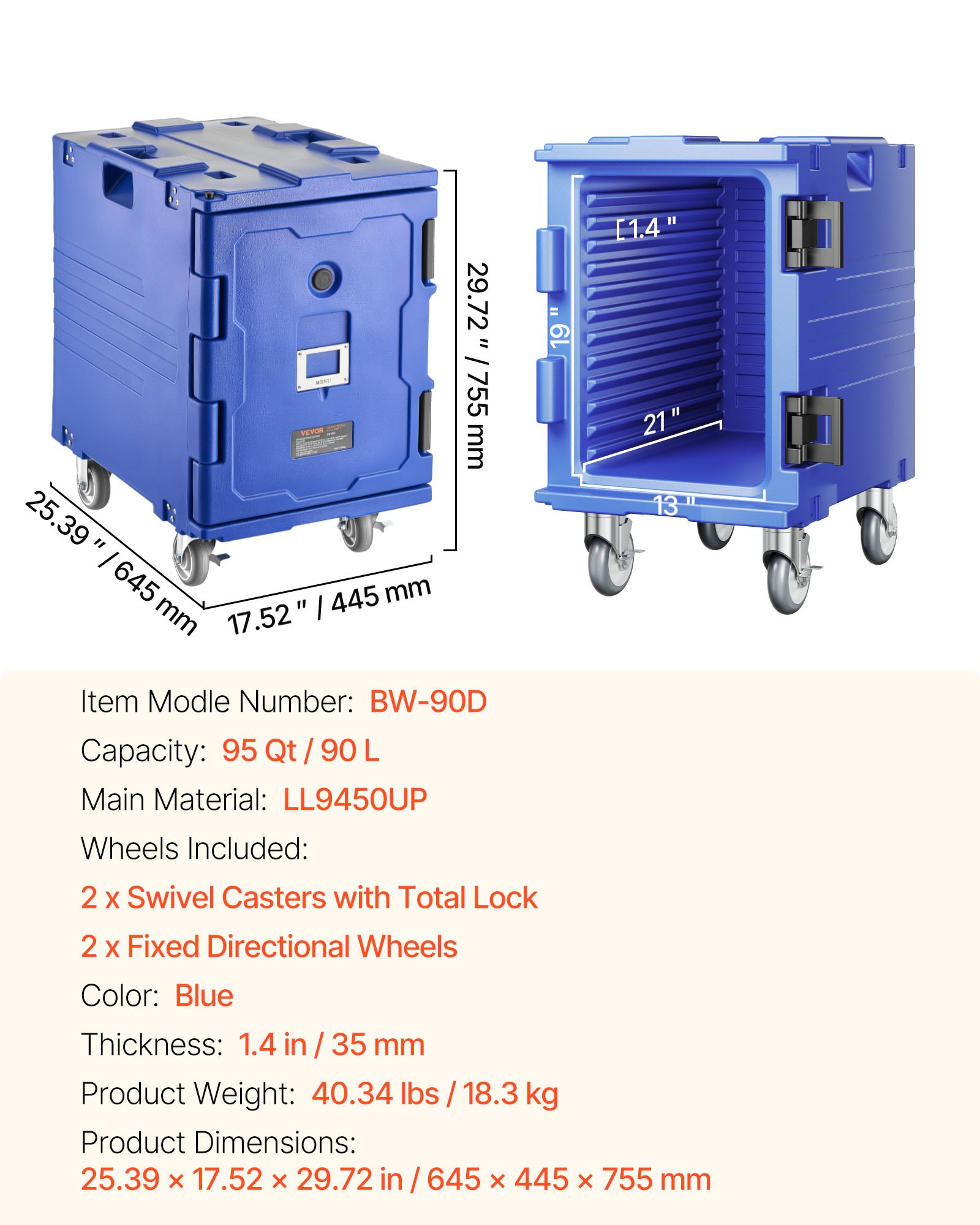 VEVOR Porta recipientes aislados para alimentos caja caliente de 90 L para catering porta cajas de alimentos LLDPE con hebilla de una pieza de carga frontal con asas, cargador final con ruedas